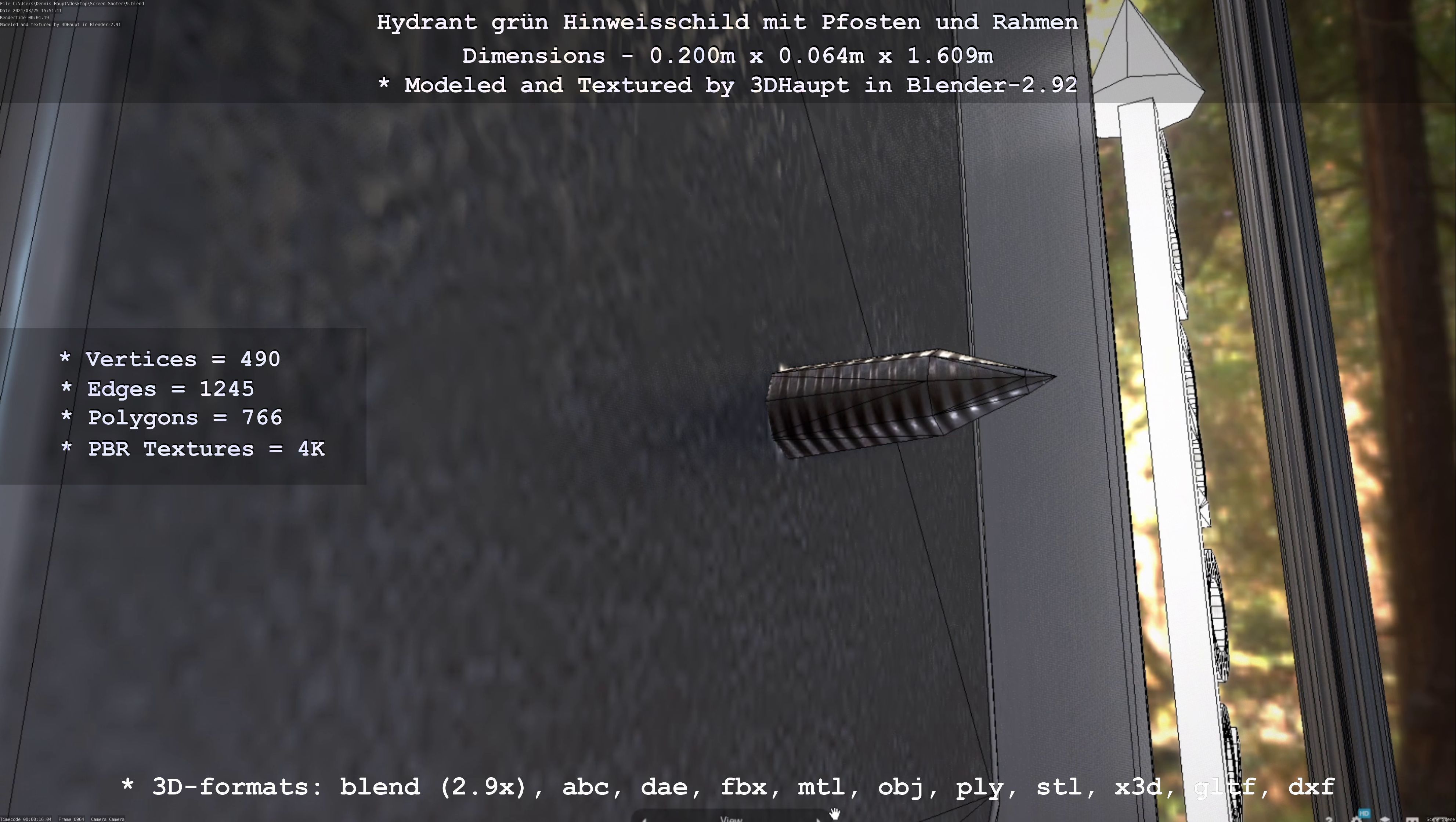 Hinweisschild Hydrant Gruen mit Pfosten und Rahmen Low-poly 3D model_114
