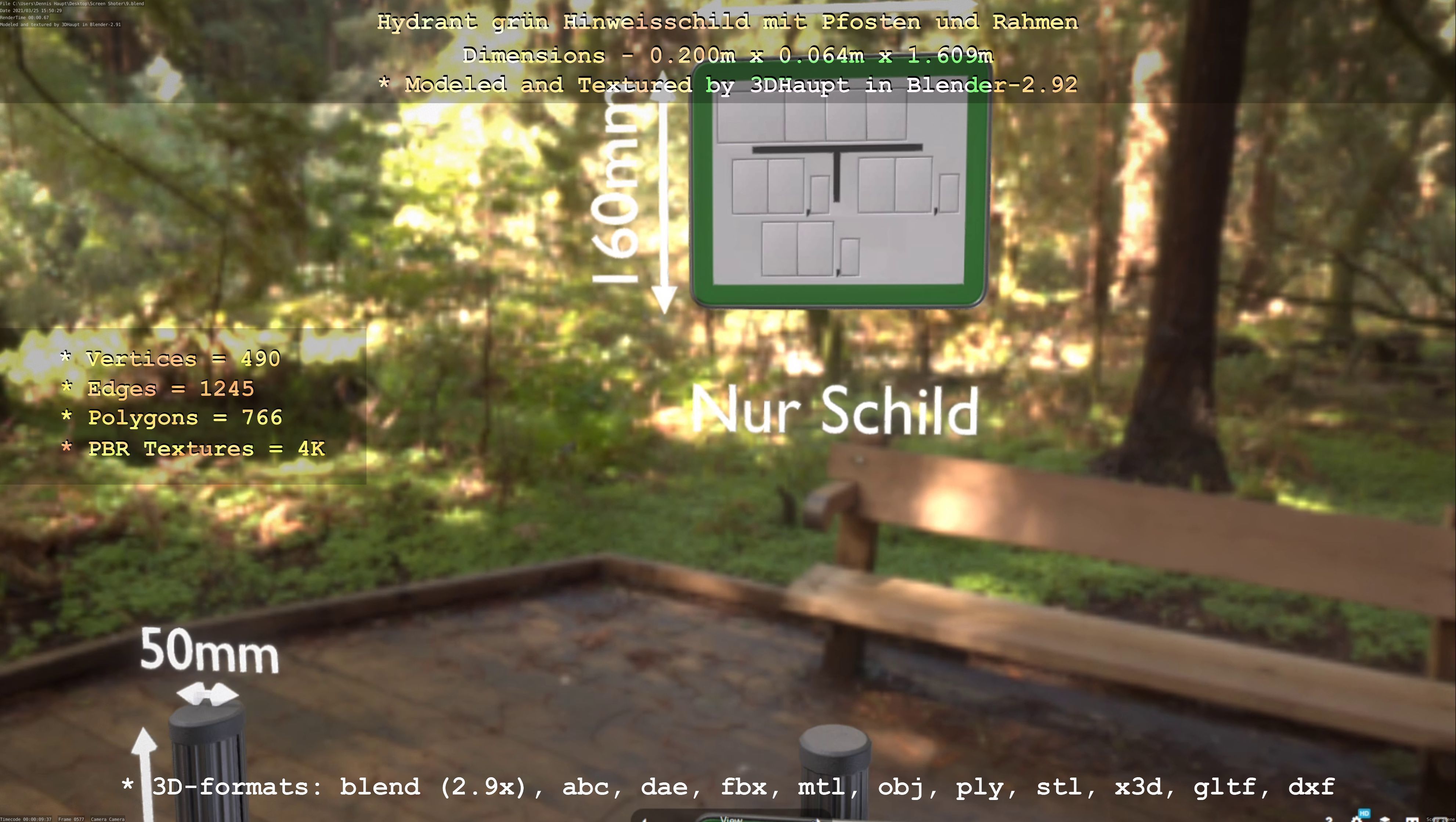 Hinweisschild Hydrant Gruen mit Pfosten und Rahmen Low-poly 3D model_92