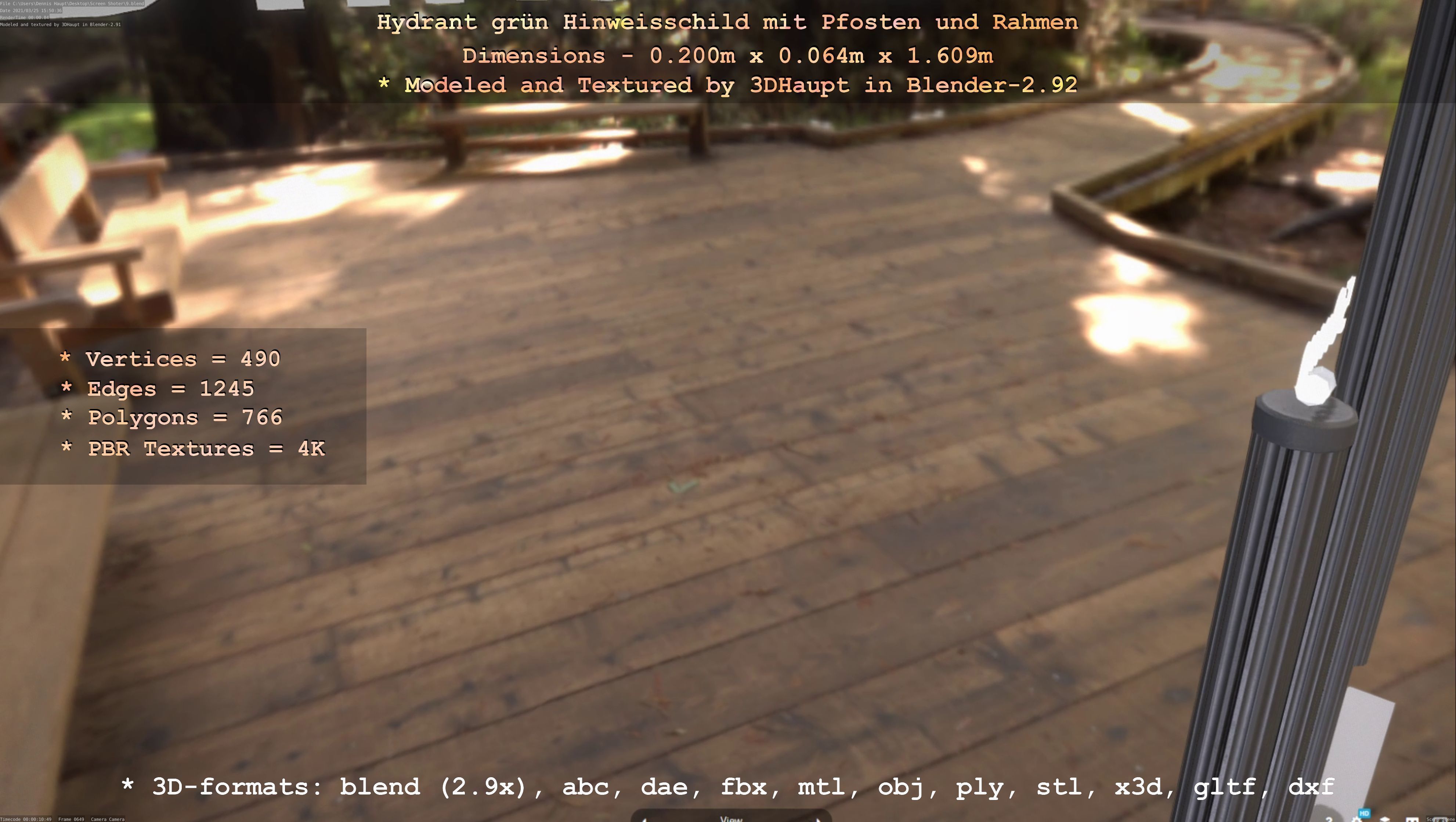 Hinweisschild Hydrant Gruen mit Pfosten und Rahmen Low-poly 3D model_96