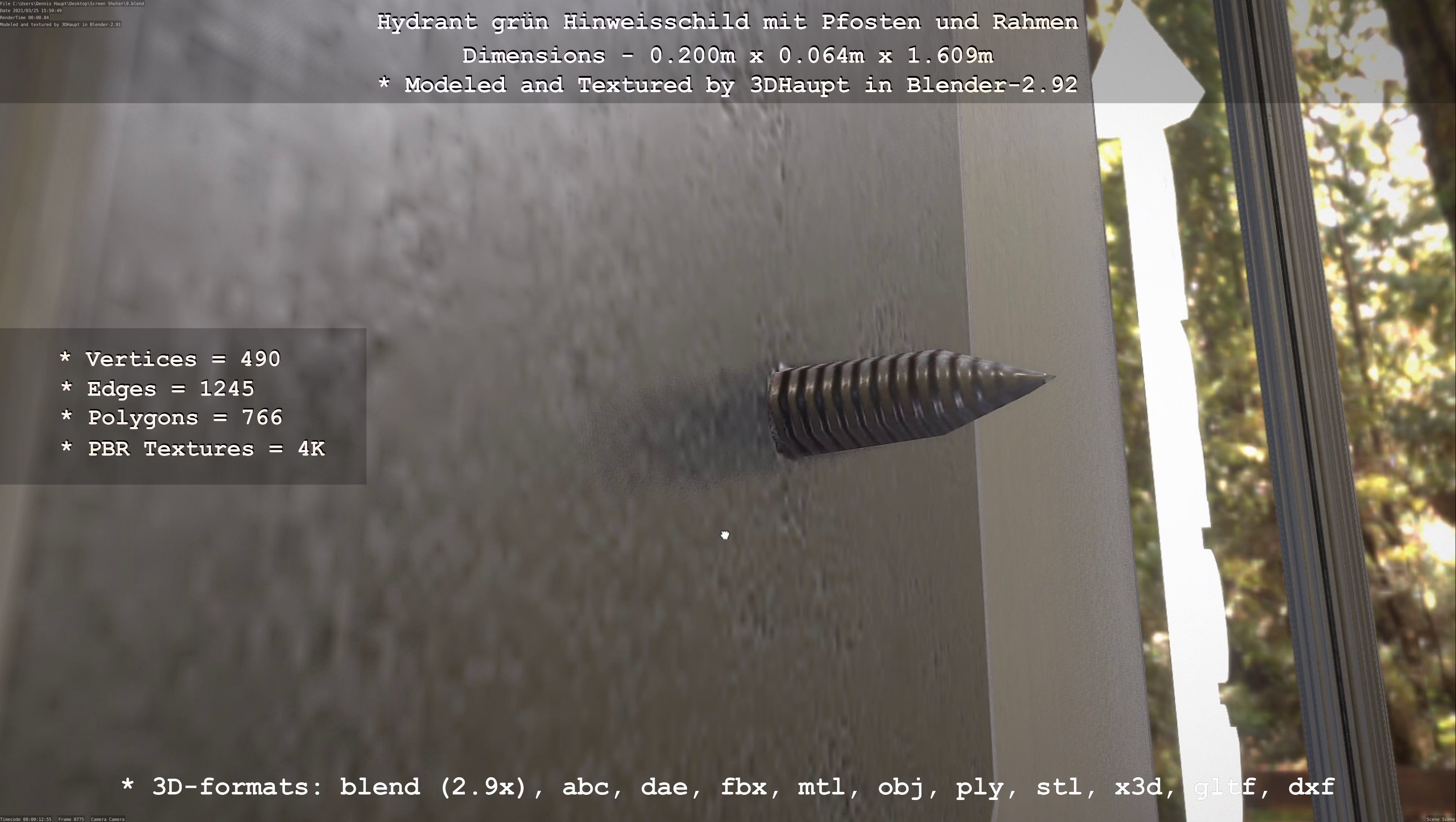 Hinweisschild Hydrant Gruen mit Pfosten und Rahmen Low-poly 3D model_100