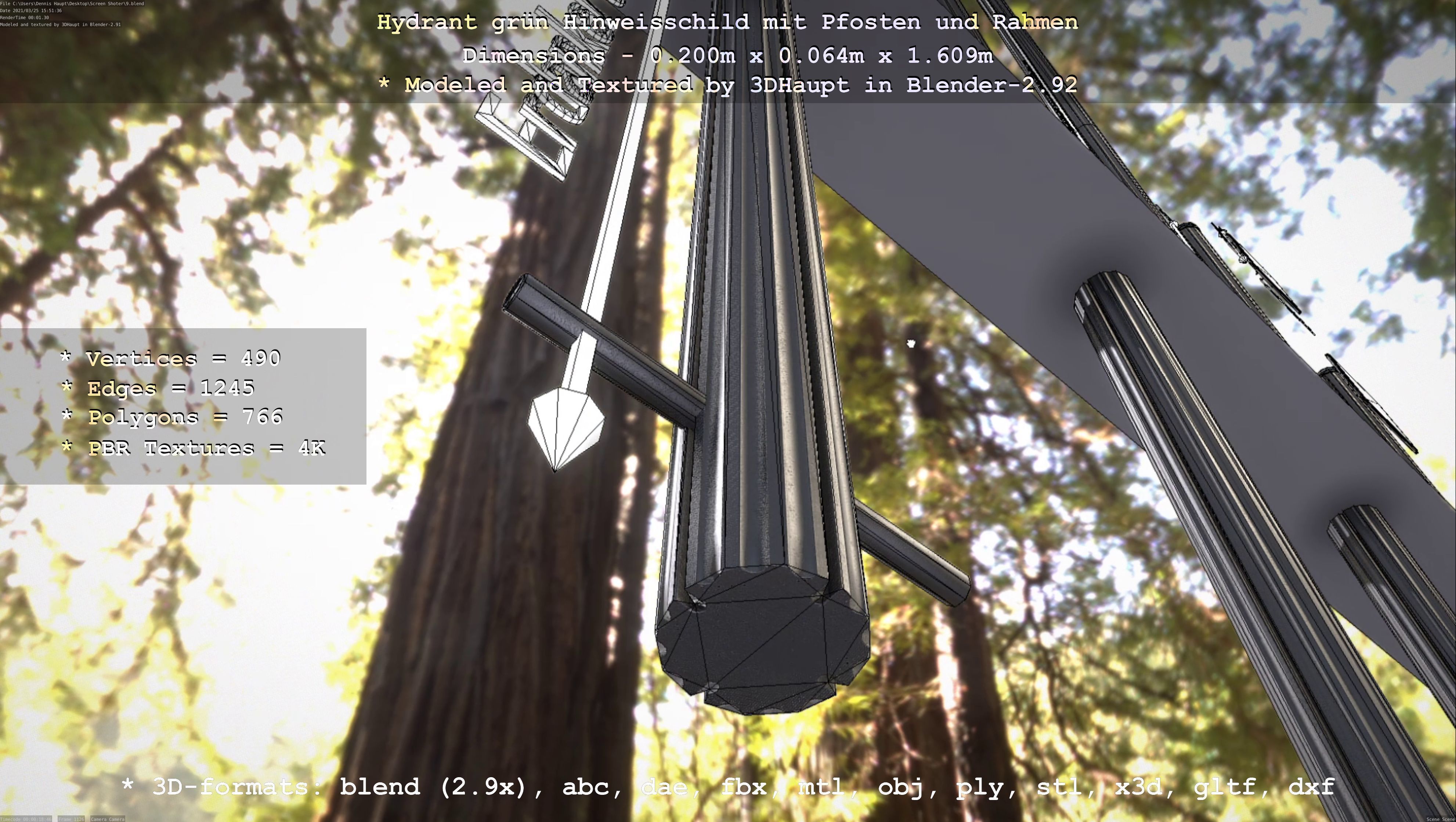 Hinweisschild Hydrant Gruen mit Pfosten und Rahmen Low-poly 3D model_115