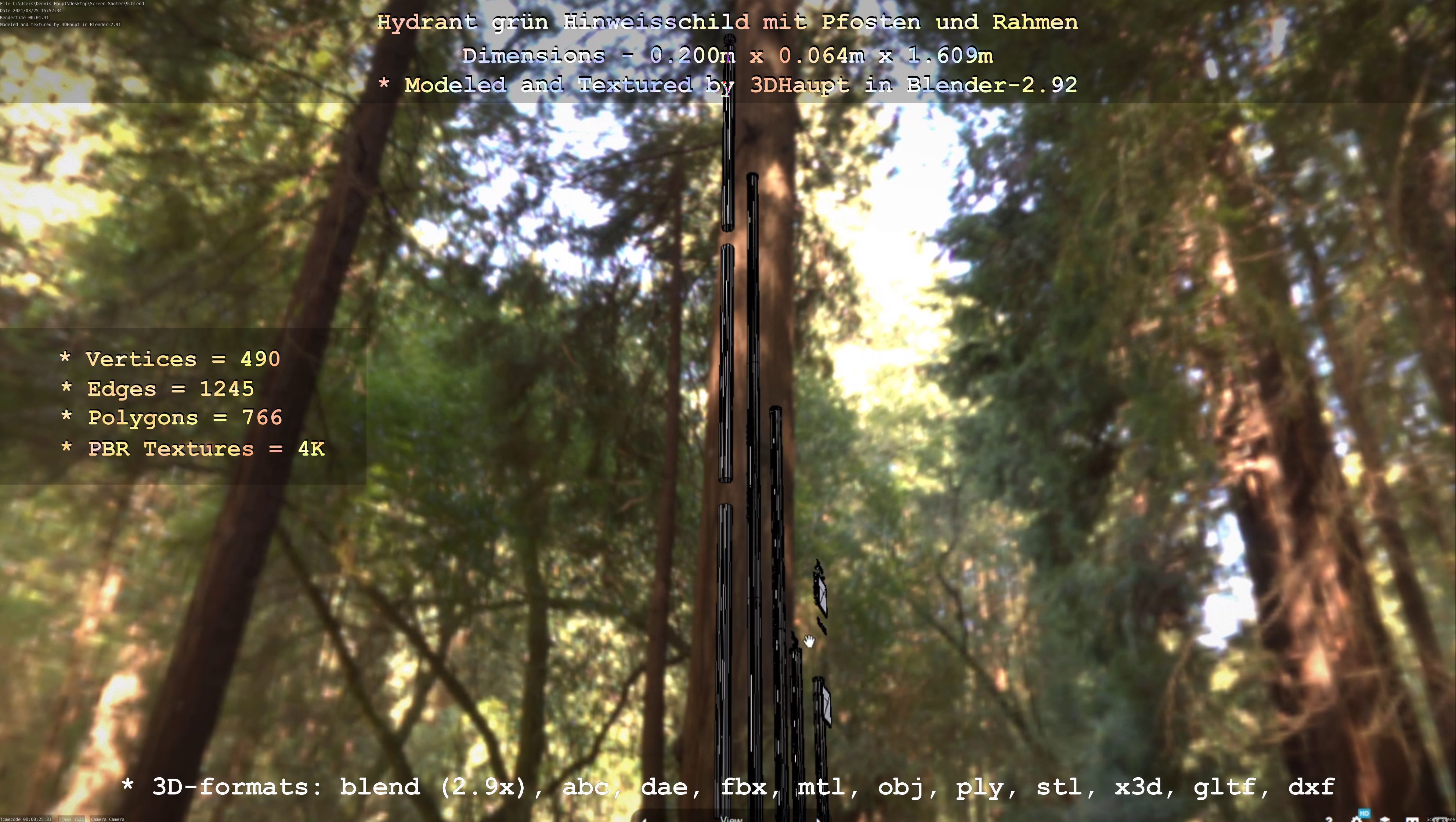 Hinweisschild Hydrant Gruen mit Pfosten und Rahmen Low-poly 3D model_63