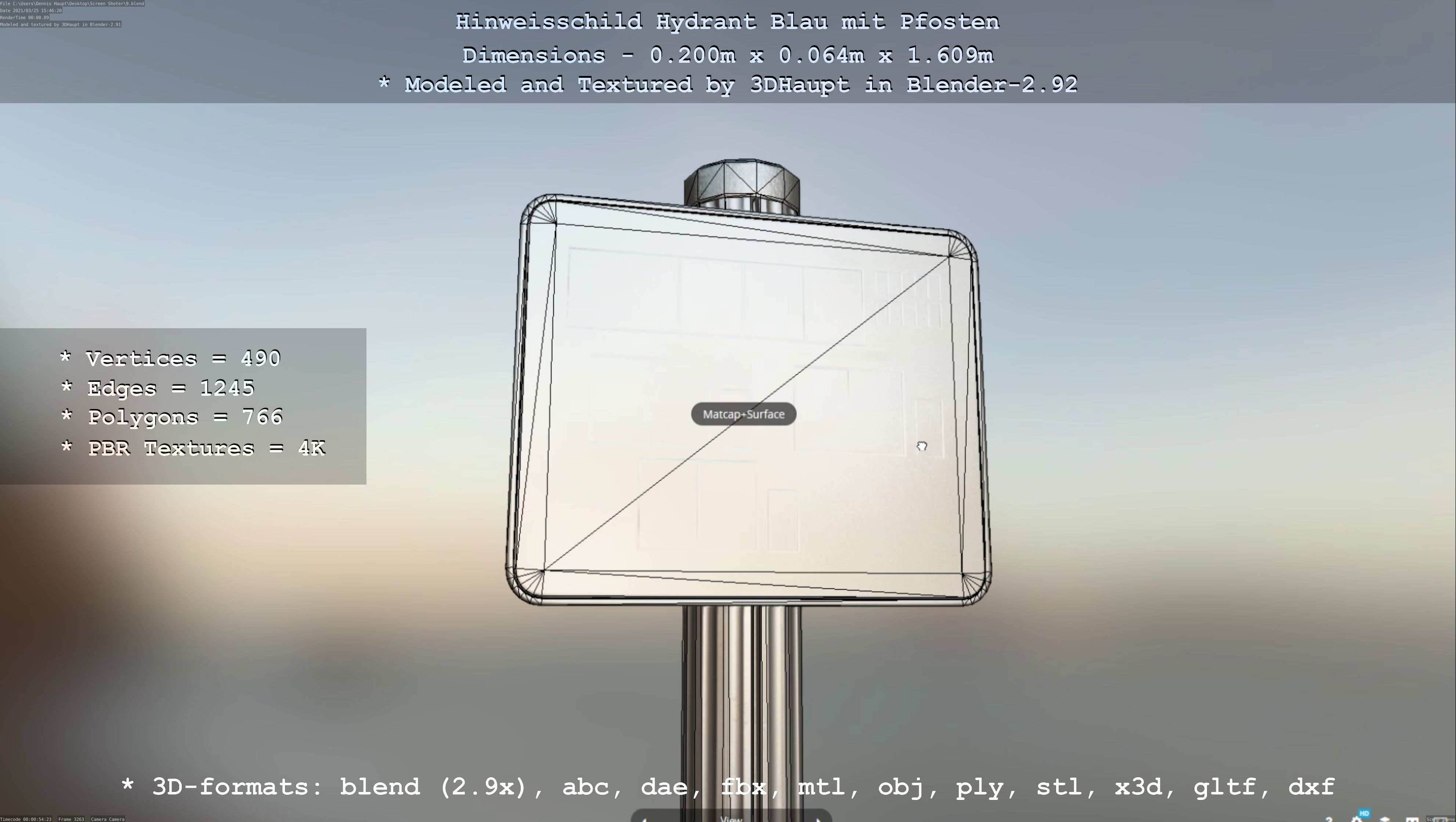 Hinweisschild Hydrant blau mit Pfosten und Rahmen Low-poly 3D model_110