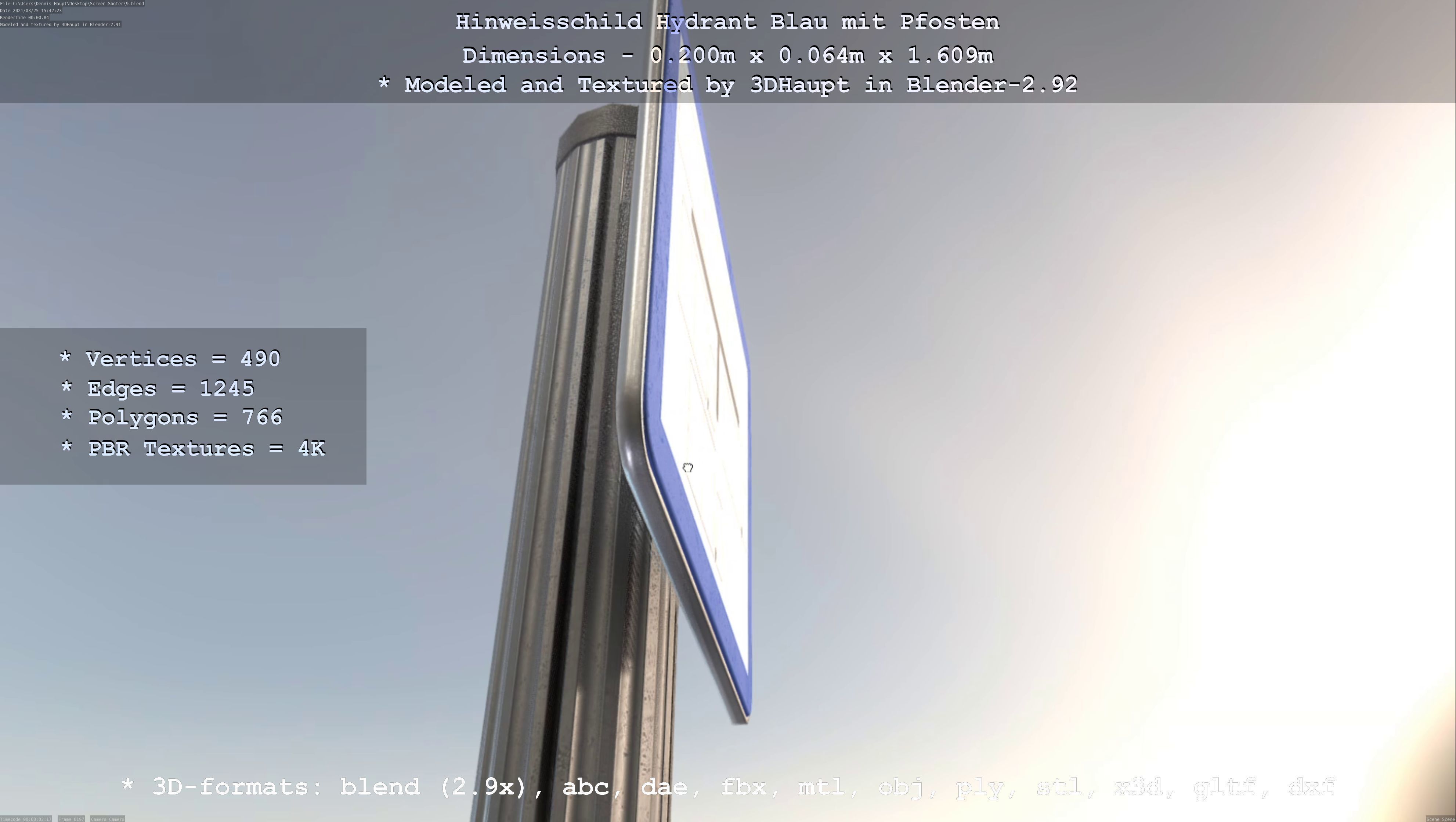 Hinweisschild Hydrant blau mit Pfosten und Rahmen Low-poly 3D model_25