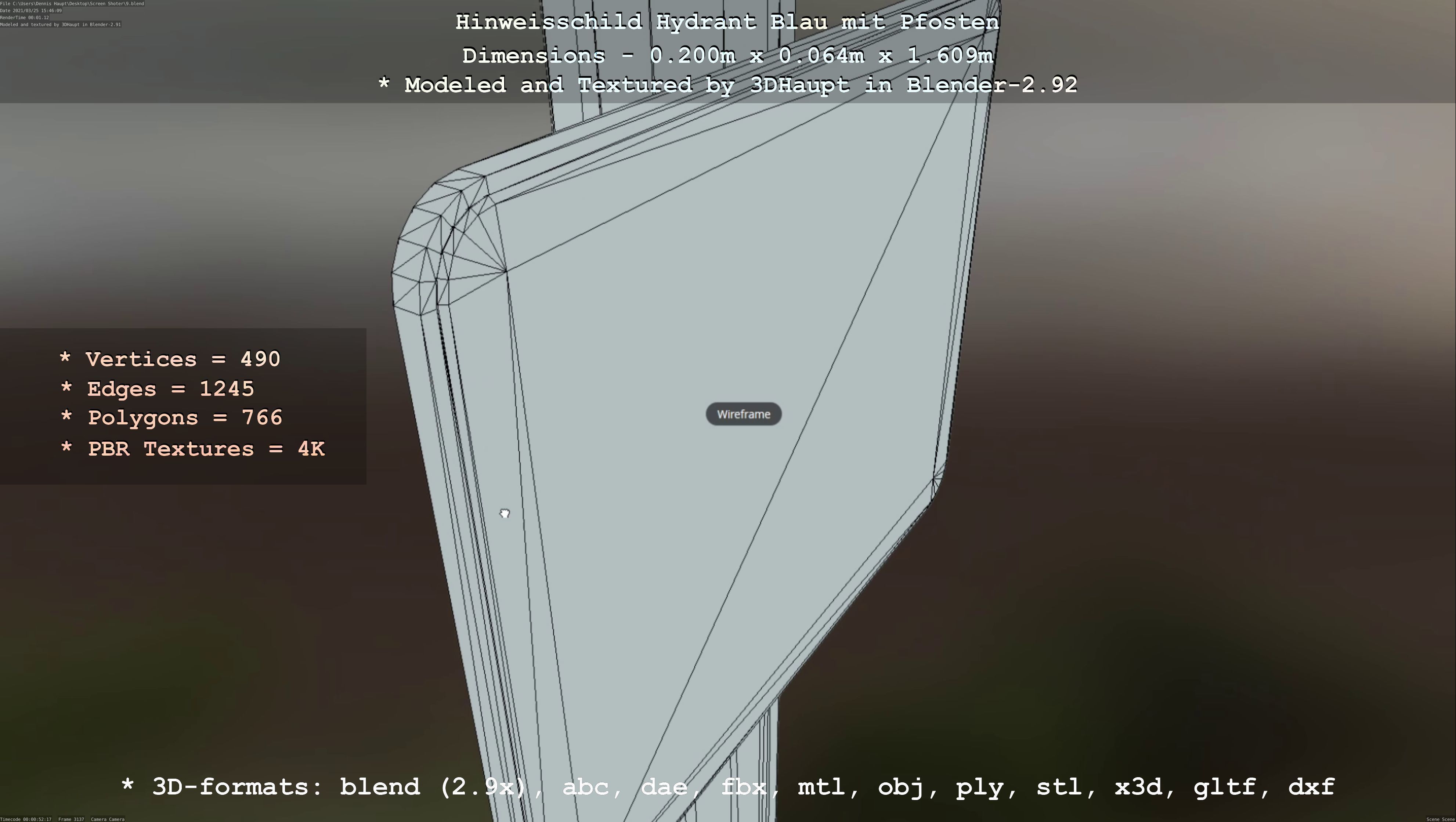 Hinweisschild Hydrant blau mit Pfosten und Rahmen Low-poly 3D model_72