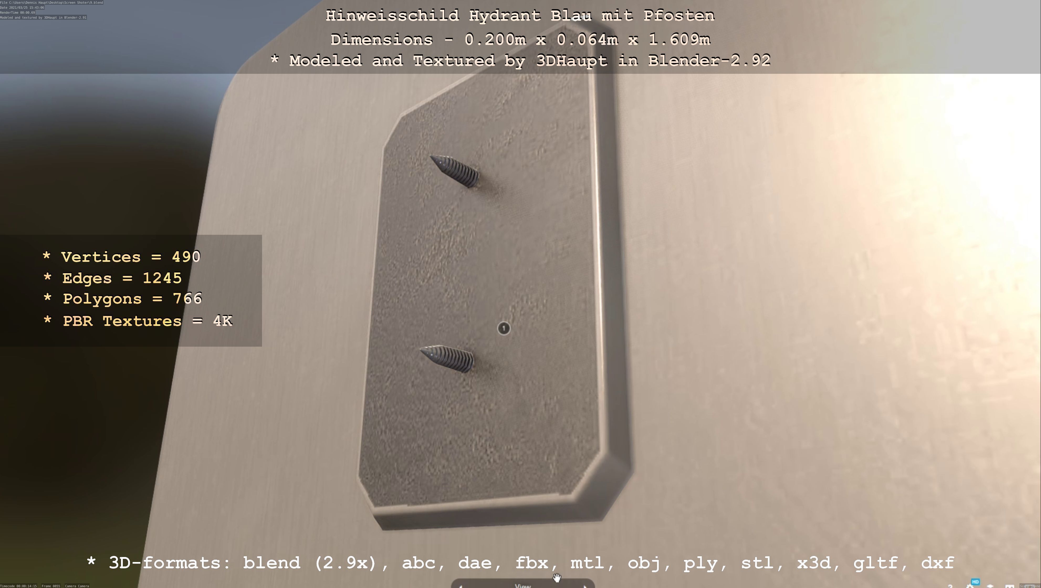 Hinweisschild Hydrant blau mit Pfosten und Rahmen Low-poly 3D model_91