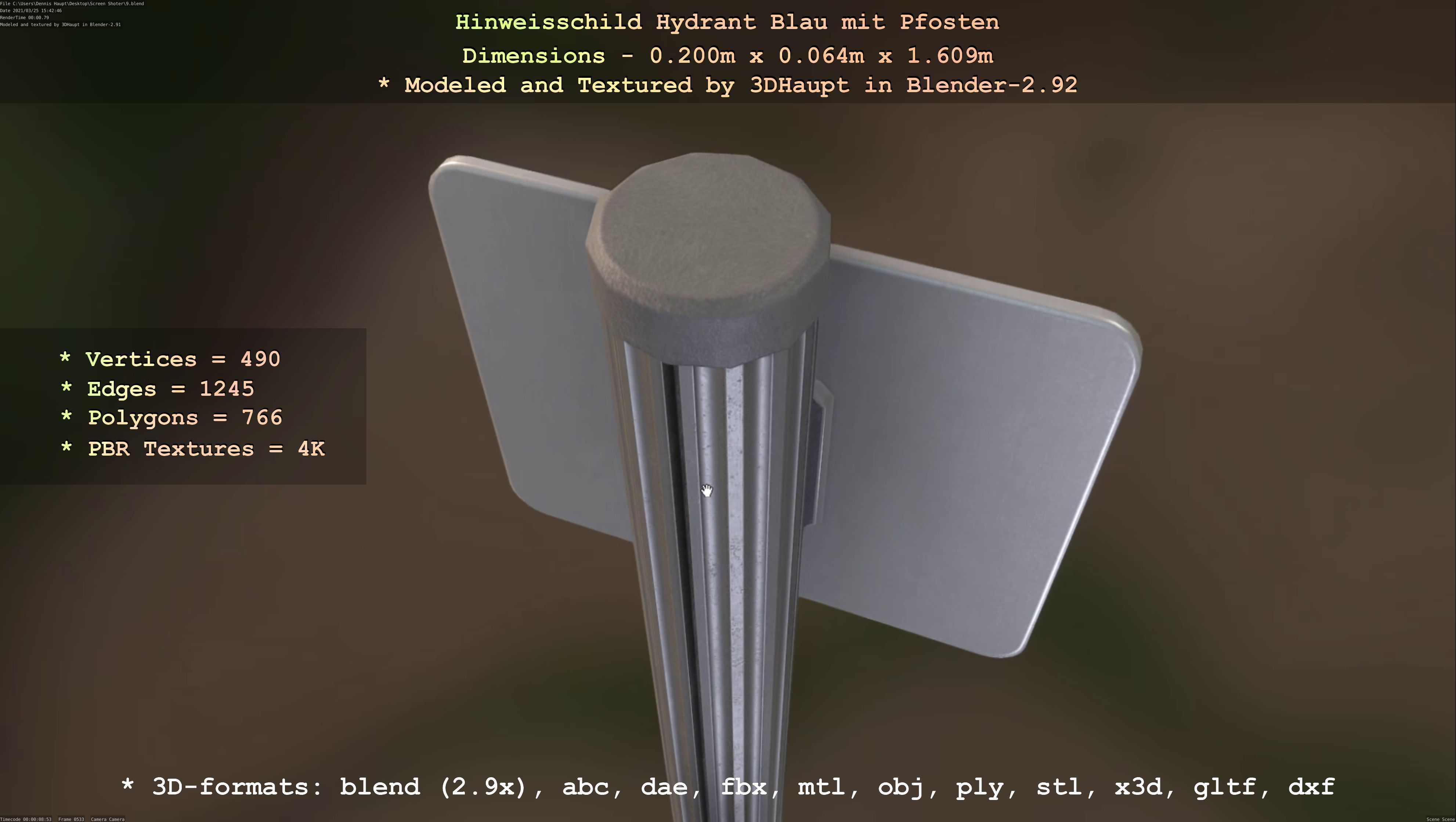 Hinweisschild Hydrant blau mit Pfosten und Rahmen Low-poly 3D model_108