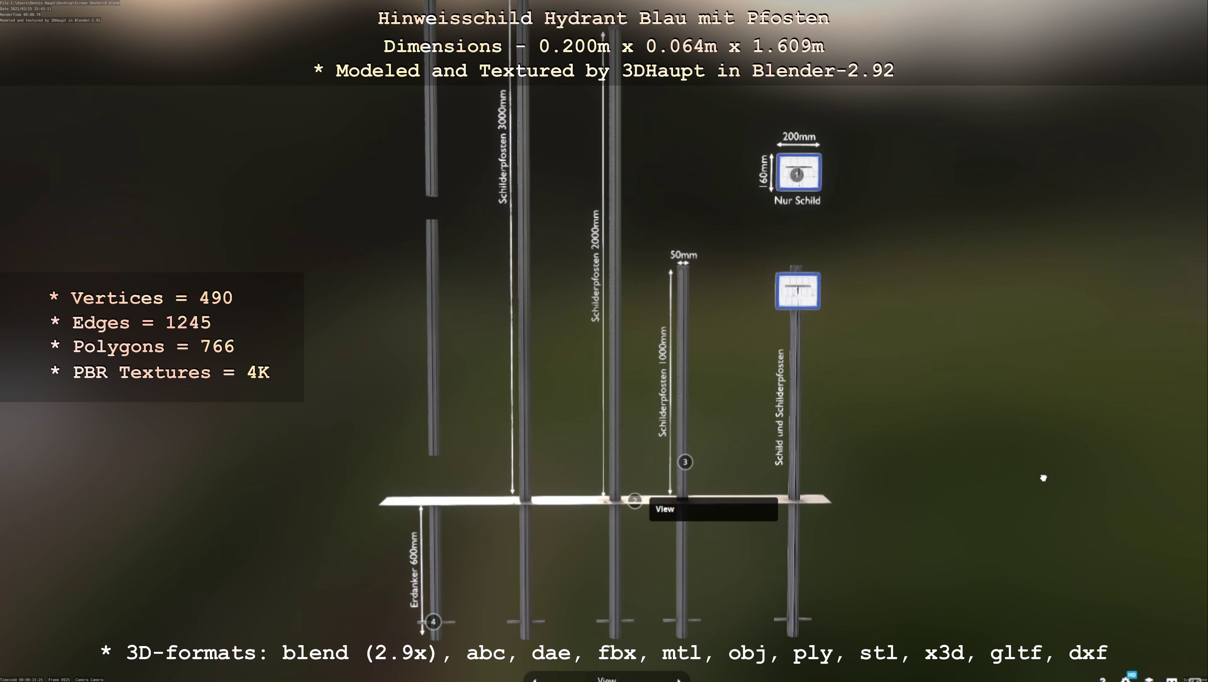 Hinweisschild Hydrant blau mit Pfosten und Rahmen Low-poly 3D model_86