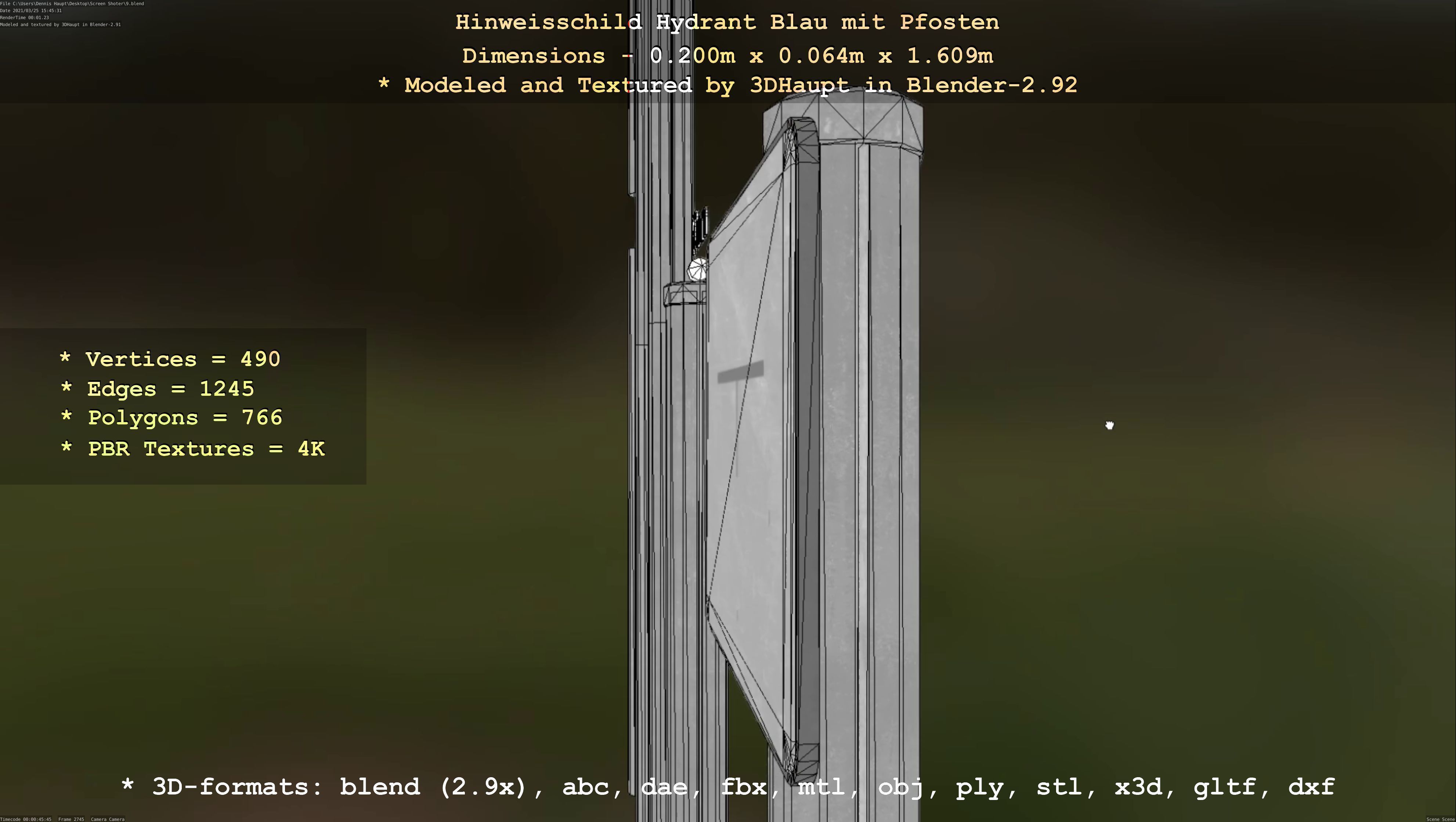 Hinweisschild Hydrant blau mit Pfosten und Rahmen Low-poly 3D model_63