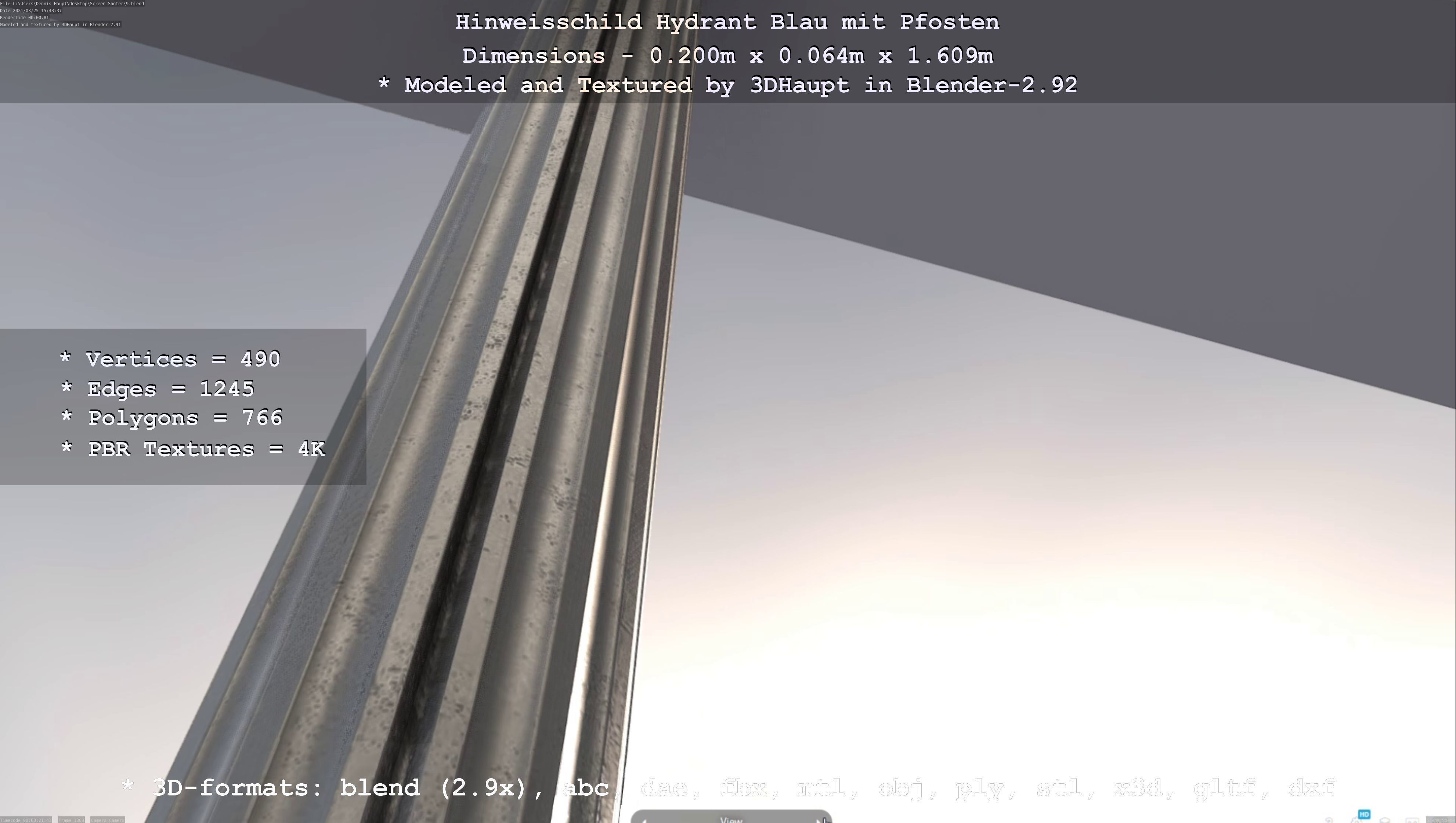 Hinweisschild Hydrant blau mit Pfosten und Rahmen Low-poly 3D model_122