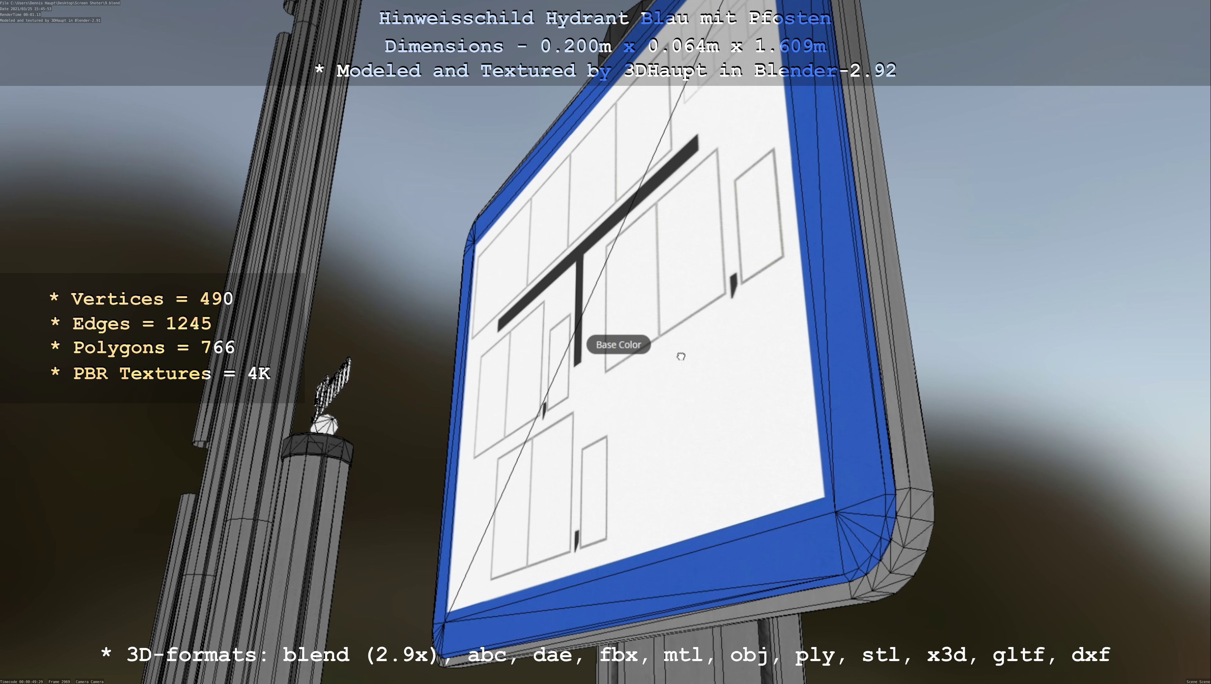Hinweisschild Hydrant blau mit Pfosten und Rahmen Low-poly 3D model_78