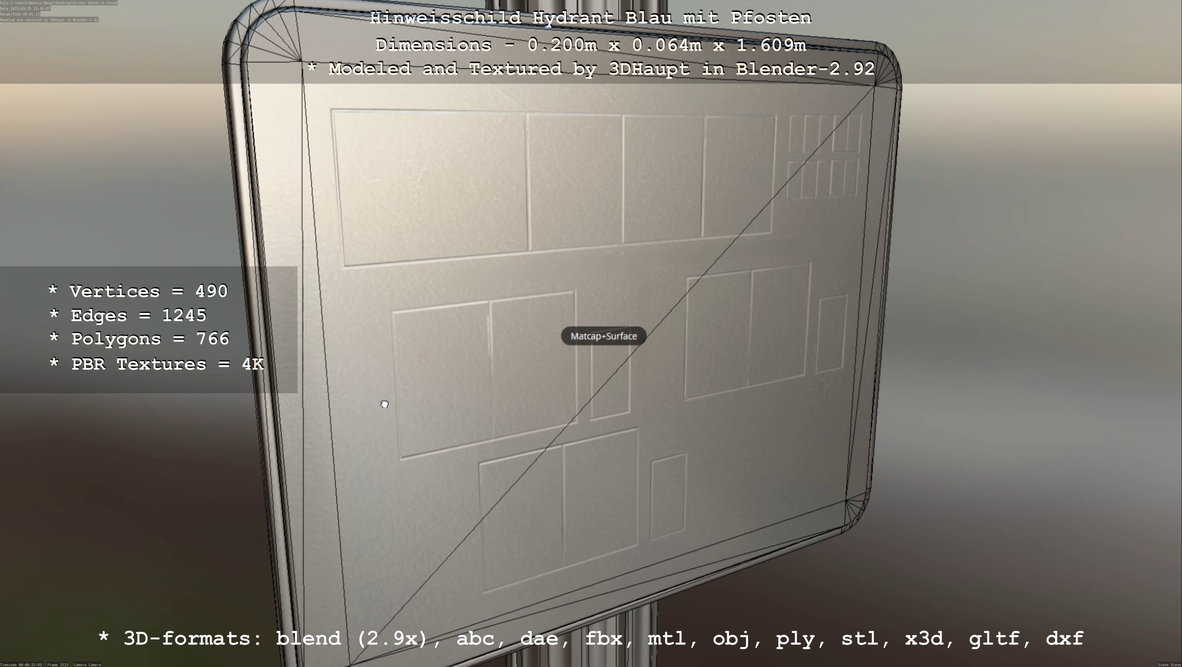 Hinweisschild Hydrant blau mit Pfosten und Rahmen Low-poly 3D model_49