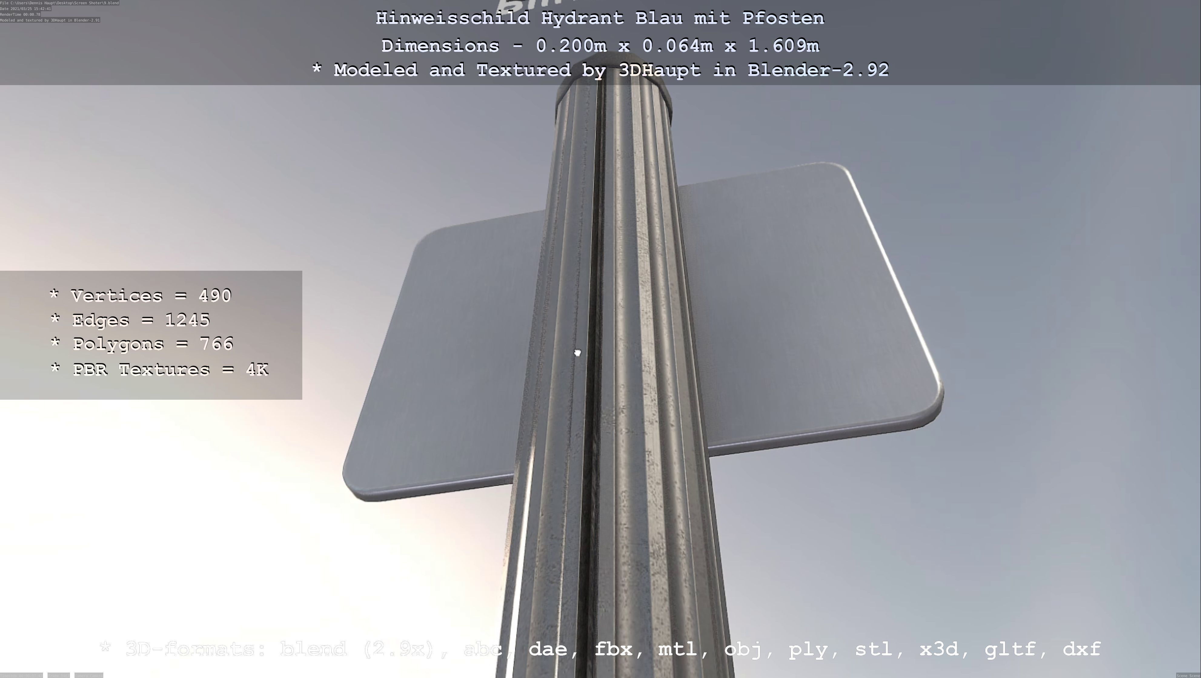 Hinweisschild Hydrant blau mit Pfosten und Rahmen Low-poly 3D model_139