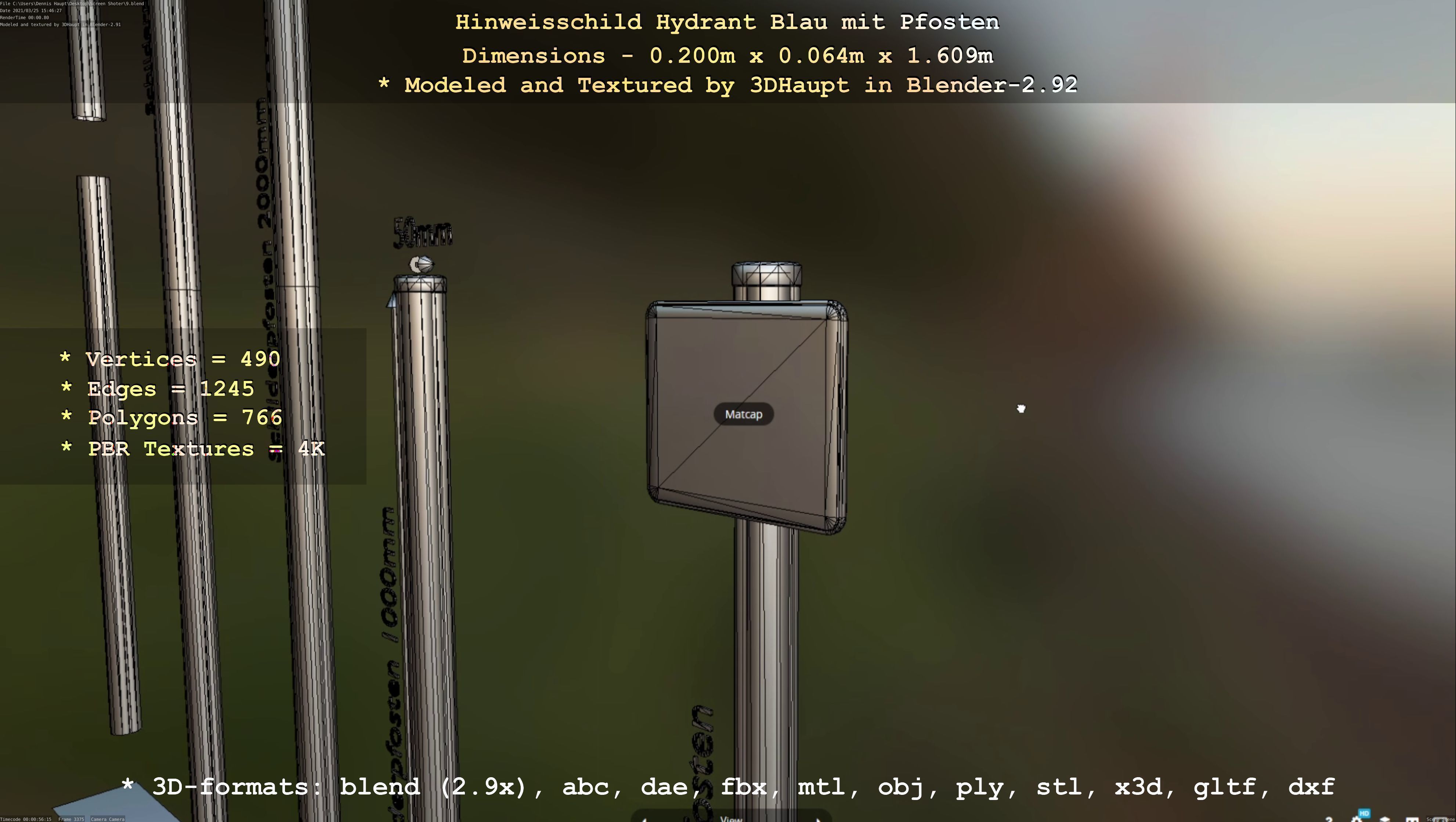 Hinweisschild Hydrant blau mit Pfosten und Rahmen Low-poly 3D model_82