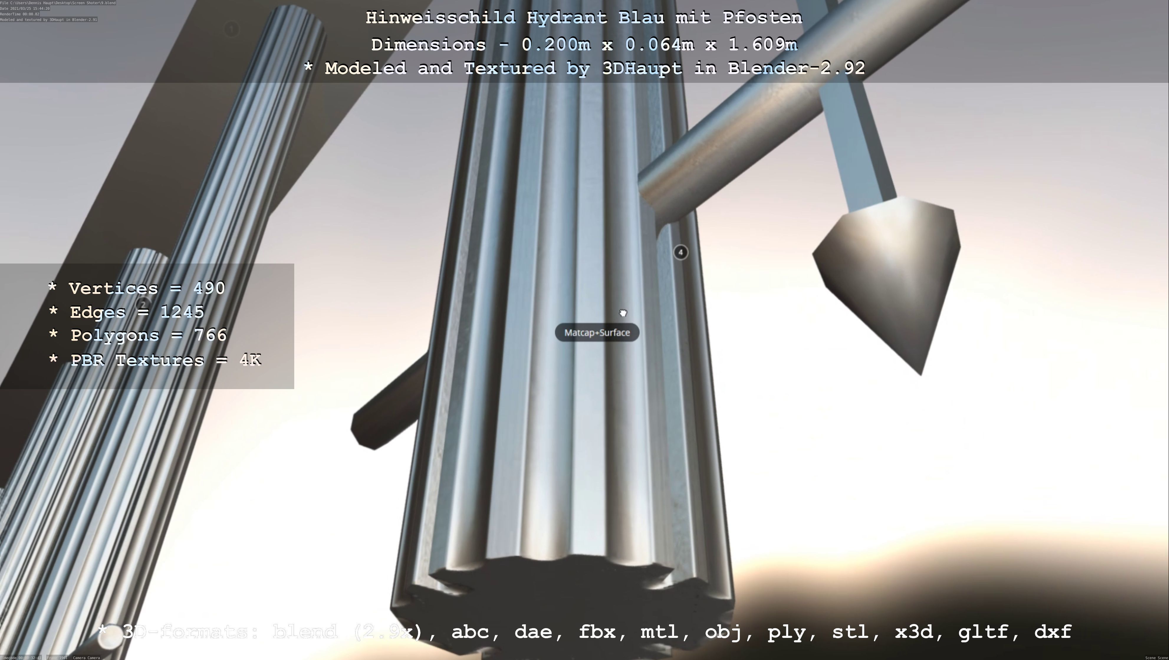 Hinweisschild Hydrant blau mit Pfosten und Rahmen Low-poly 3D model_134