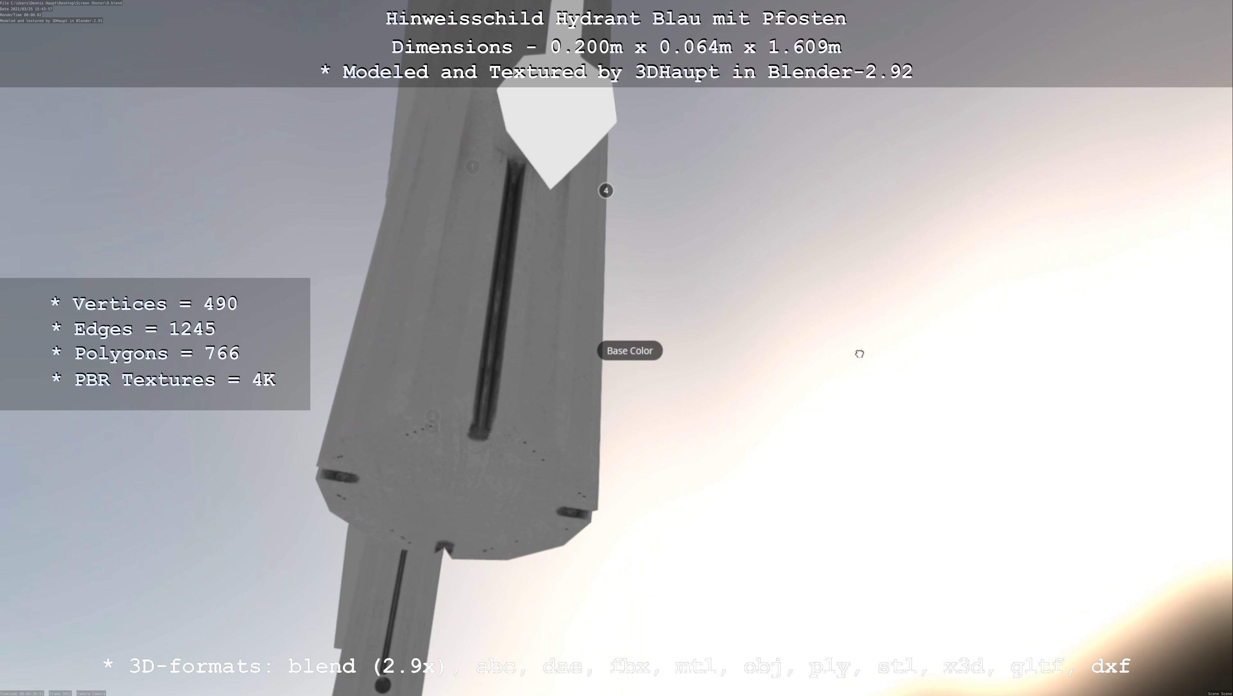 Hinweisschild Hydrant blau mit Pfosten und Rahmen Low-poly 3D model_38