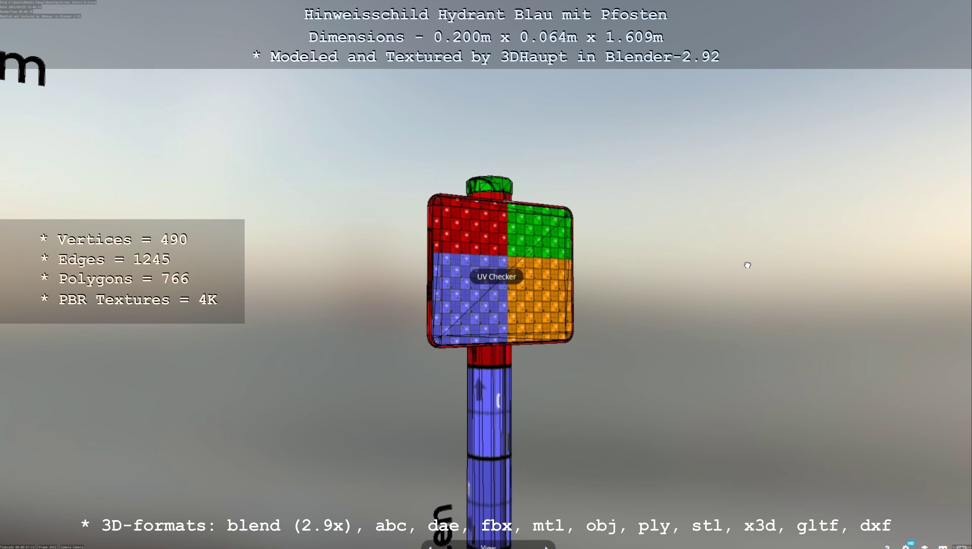 Hinweisschild Hydrant blau mit Pfosten und Rahmen Low-poly 3D model_77