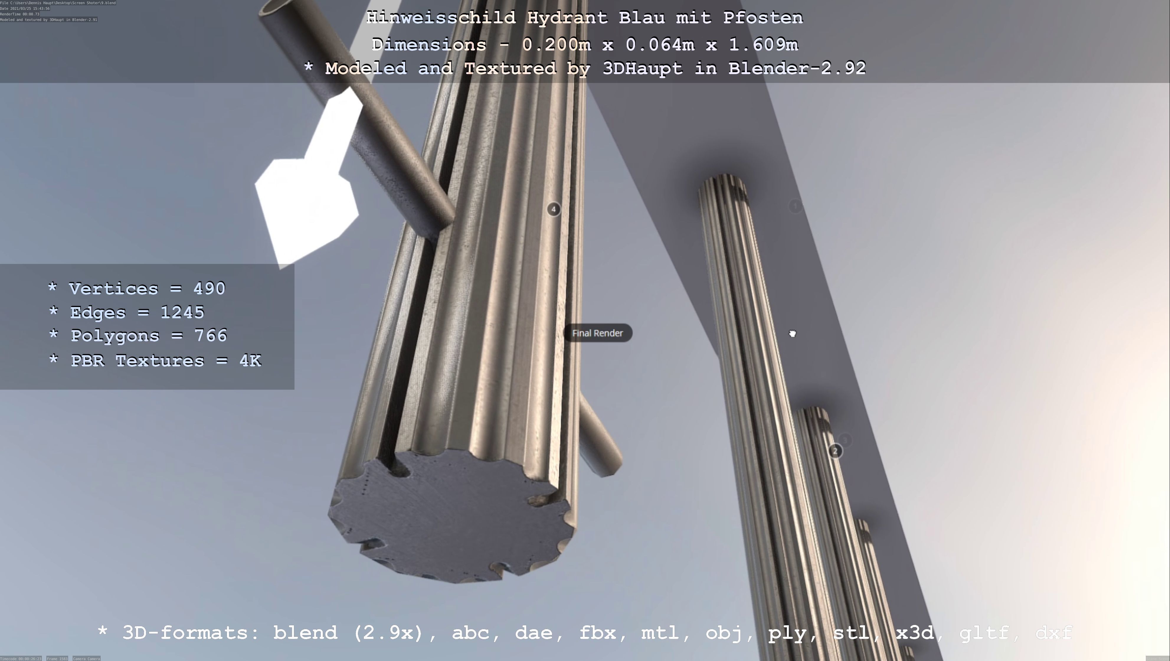 Hinweisschild Hydrant blau mit Pfosten und Rahmen Low-poly 3D model_135