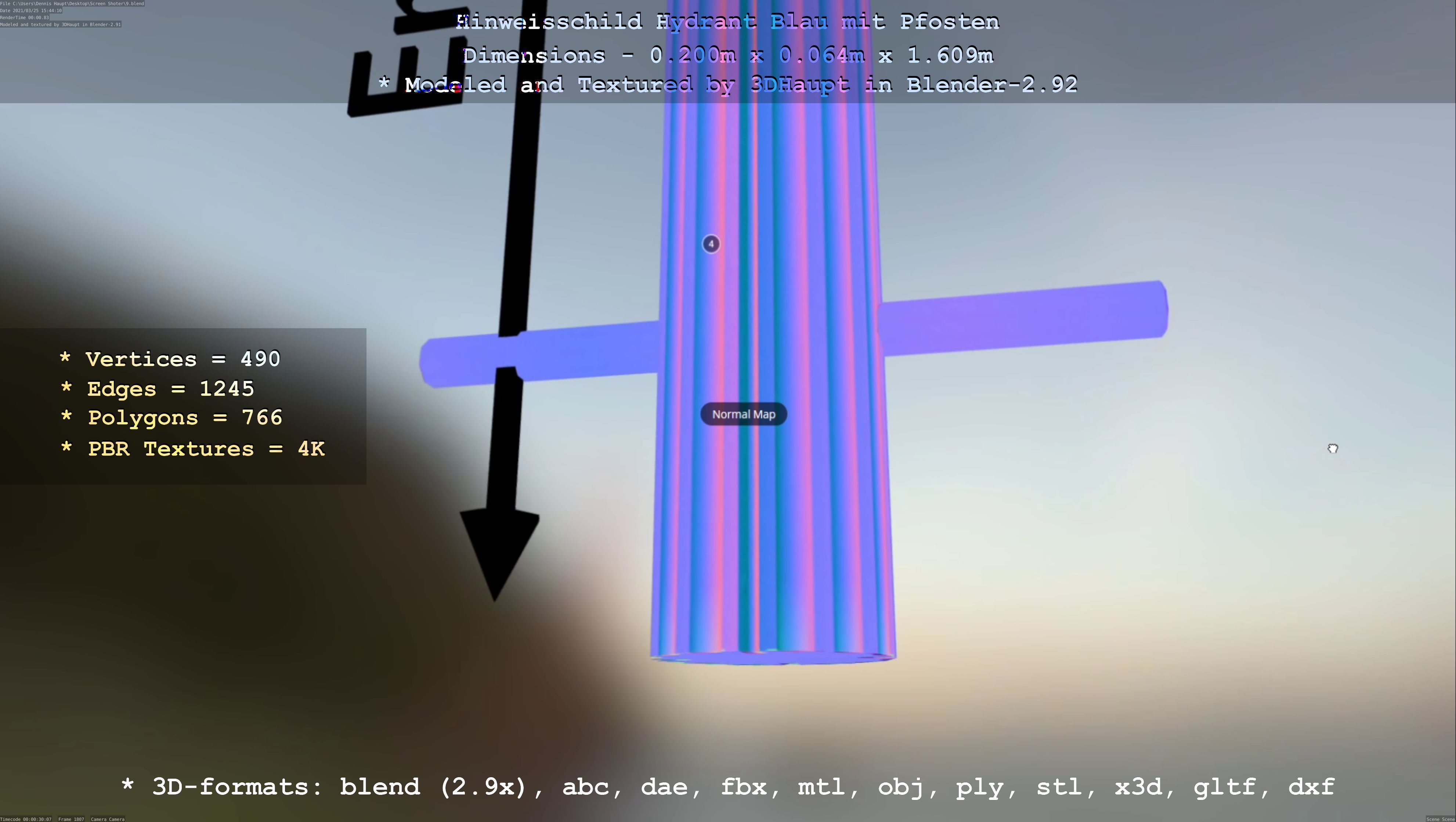 Hinweisschild Hydrant blau mit Pfosten und Rahmen Low-poly 3D model_41