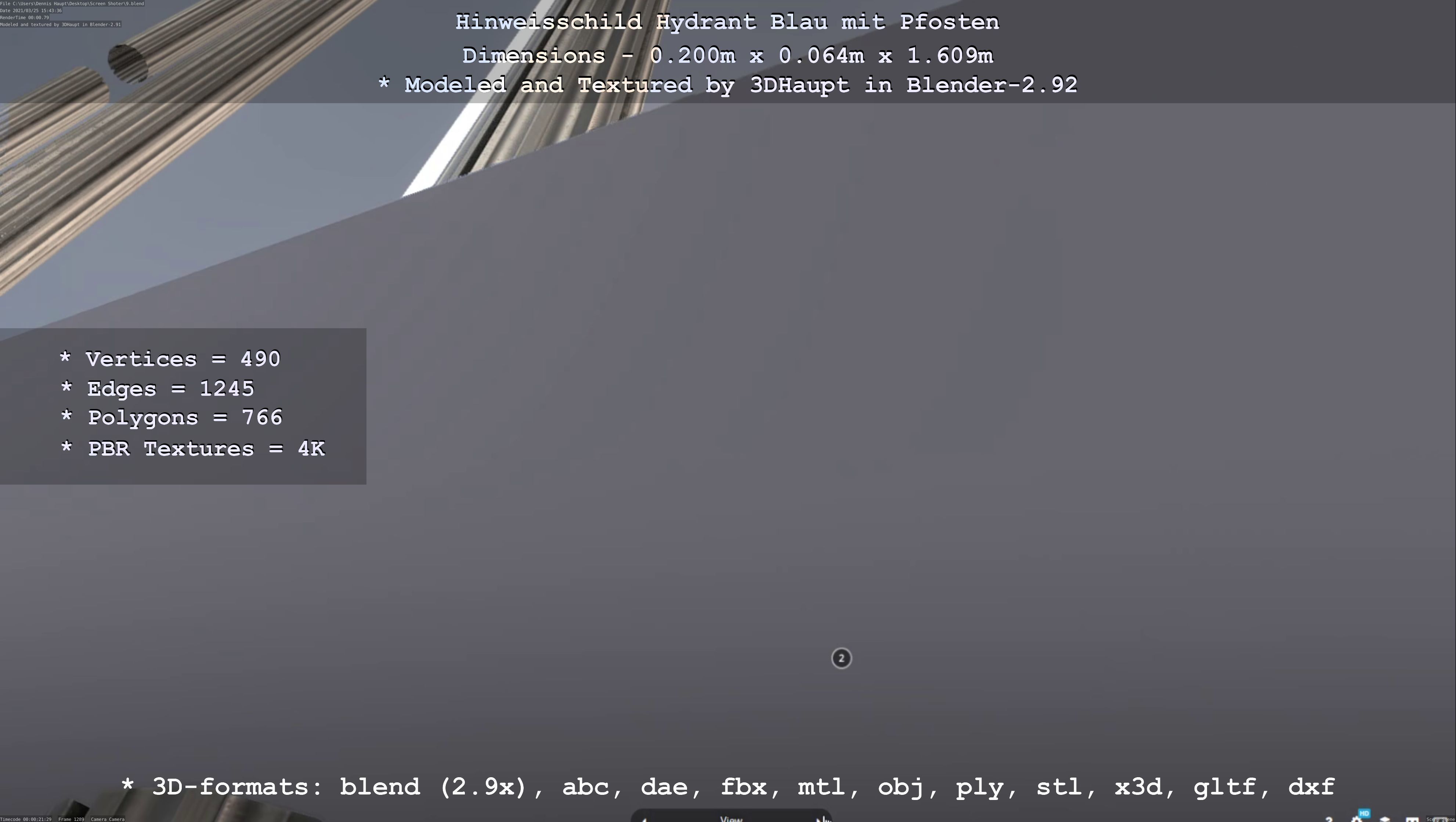 Hinweisschild Hydrant blau mit Pfosten und Rahmen Low-poly 3D model_84
