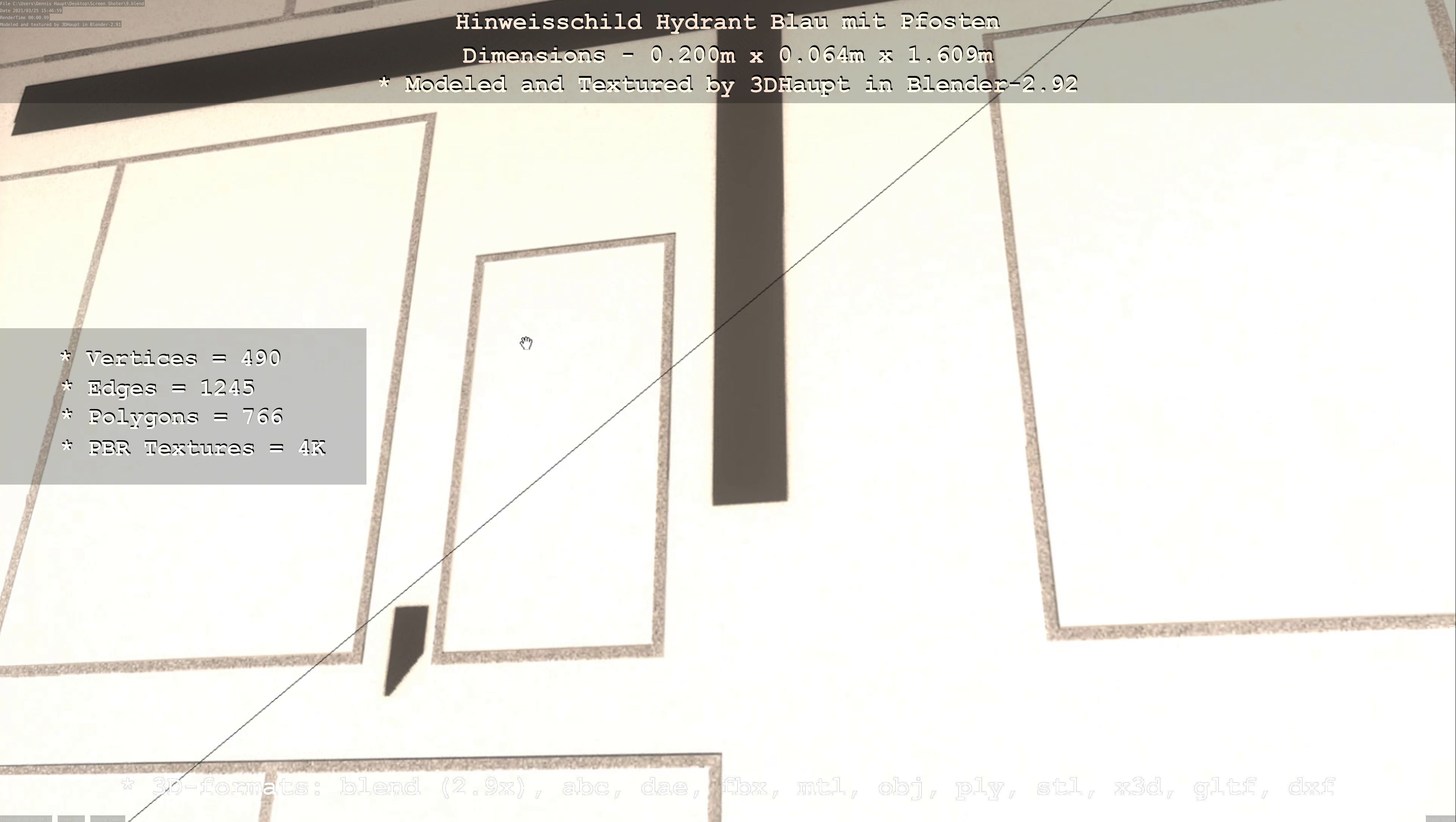 Hinweisschild Hydrant blau mit Pfosten und Rahmen Low-poly 3D model_16