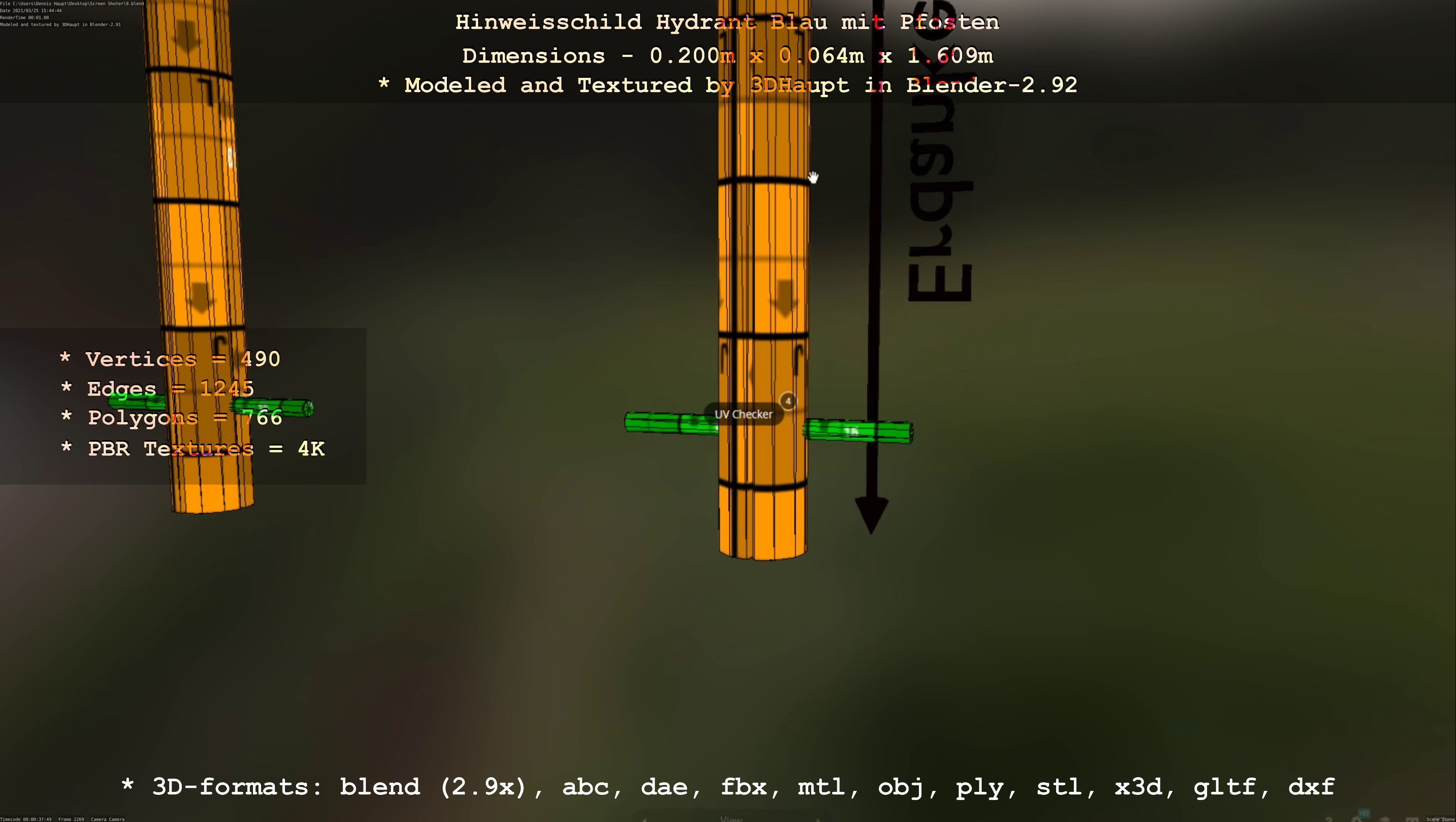 Hinweisschild Hydrant blau mit Pfosten und Rahmen Low-poly 3D model_50