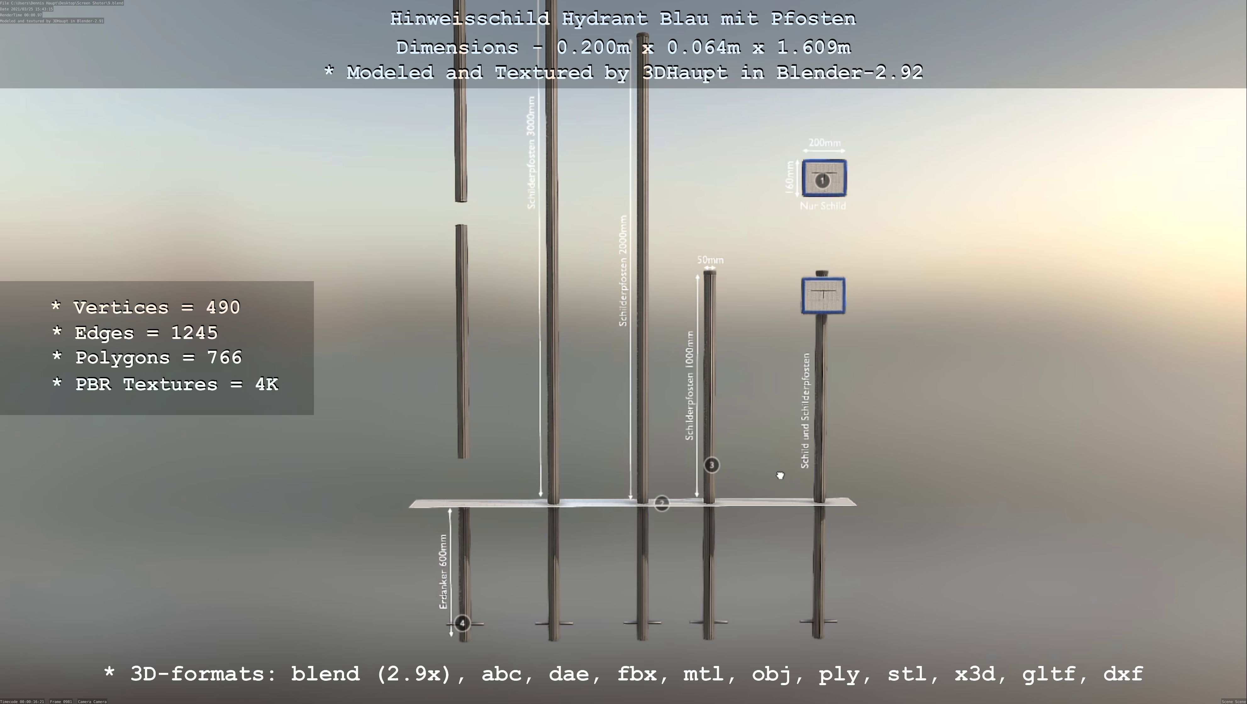 Hinweisschild Hydrant blau mit Pfosten und Rahmen Low-poly 3D model_83