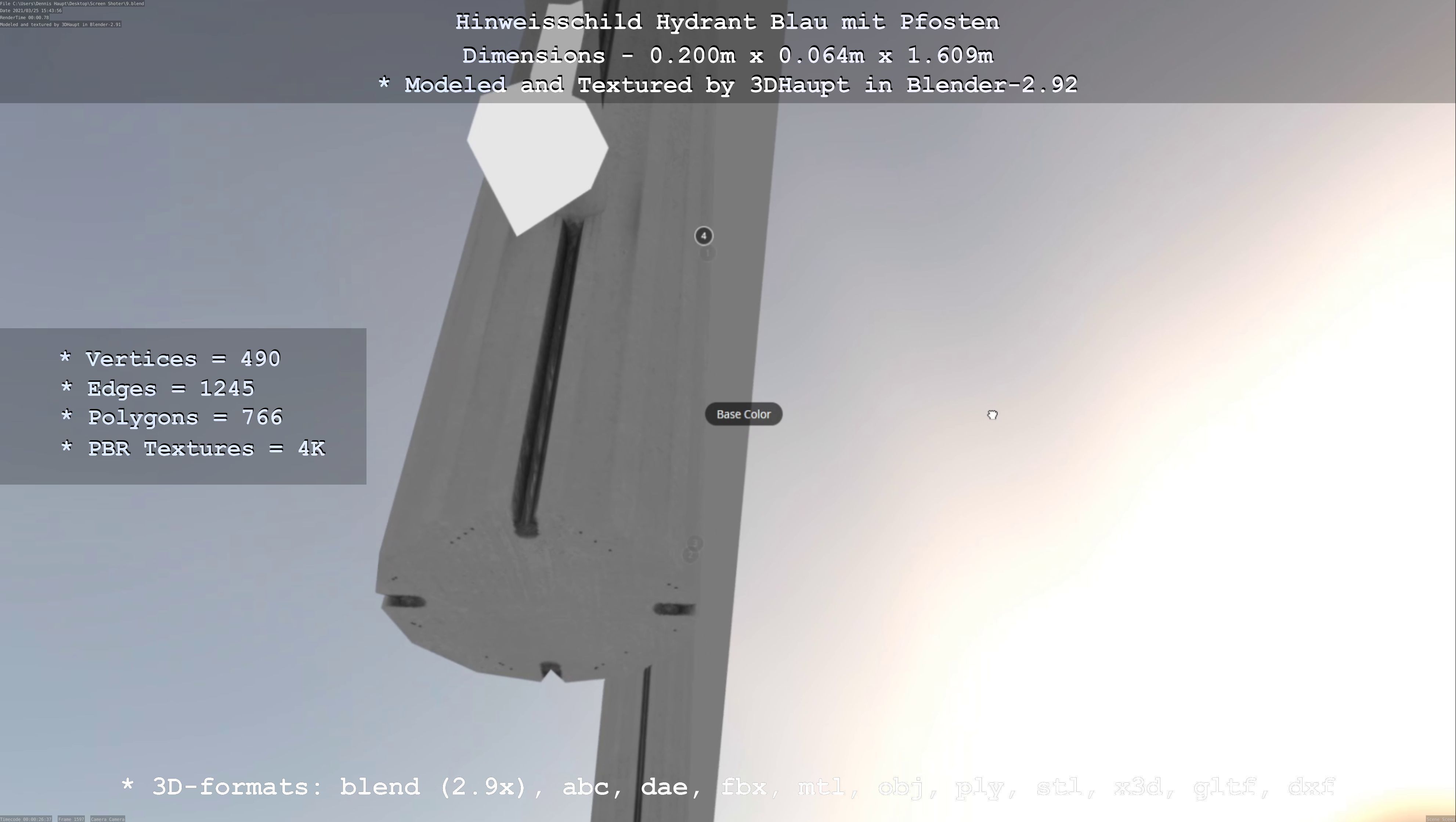 Hinweisschild Hydrant blau mit Pfosten und Rahmen Low-poly 3D model_92