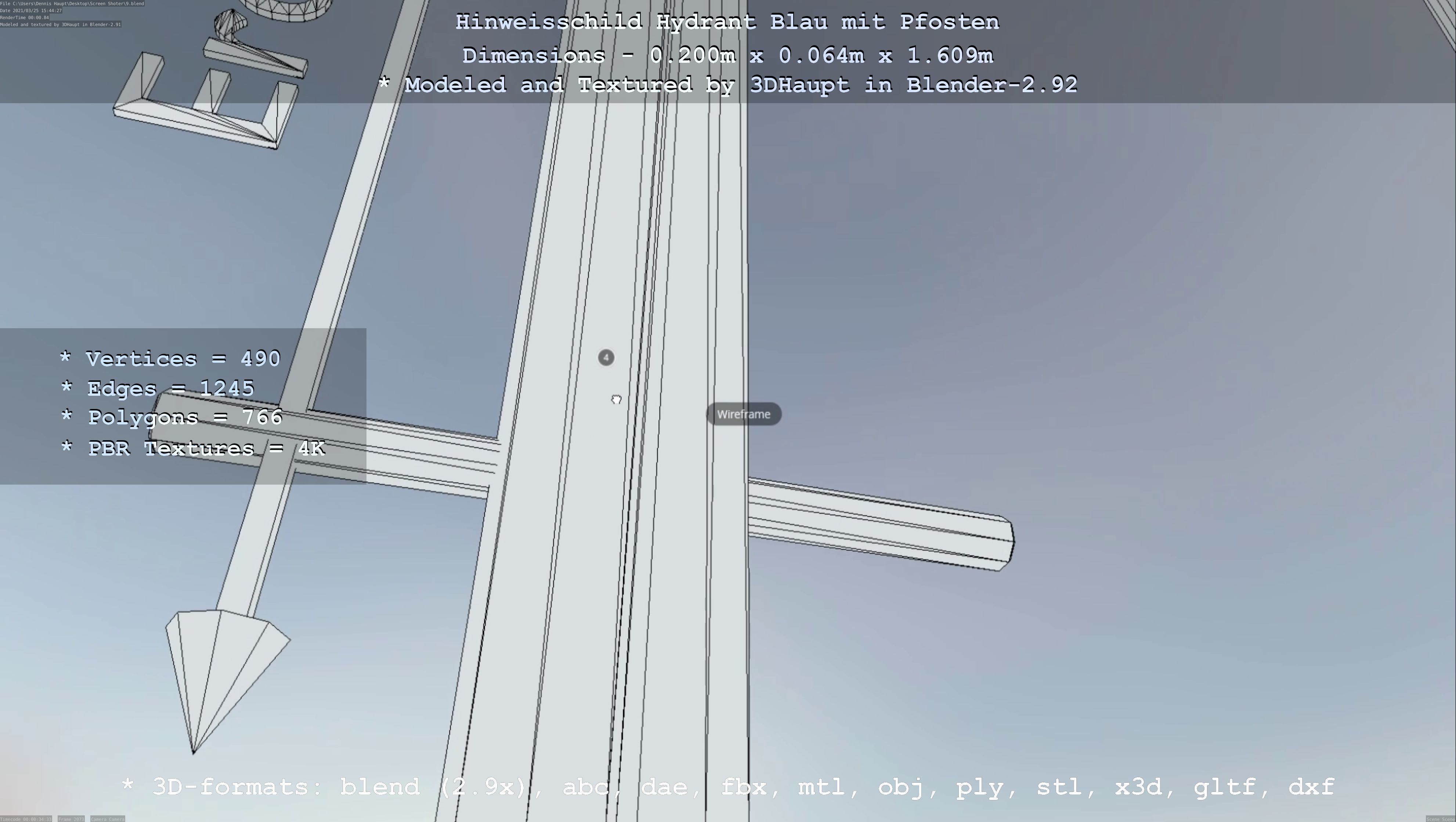 Hinweisschild Hydrant blau mit Pfosten und Rahmen Low-poly 3D model_147
