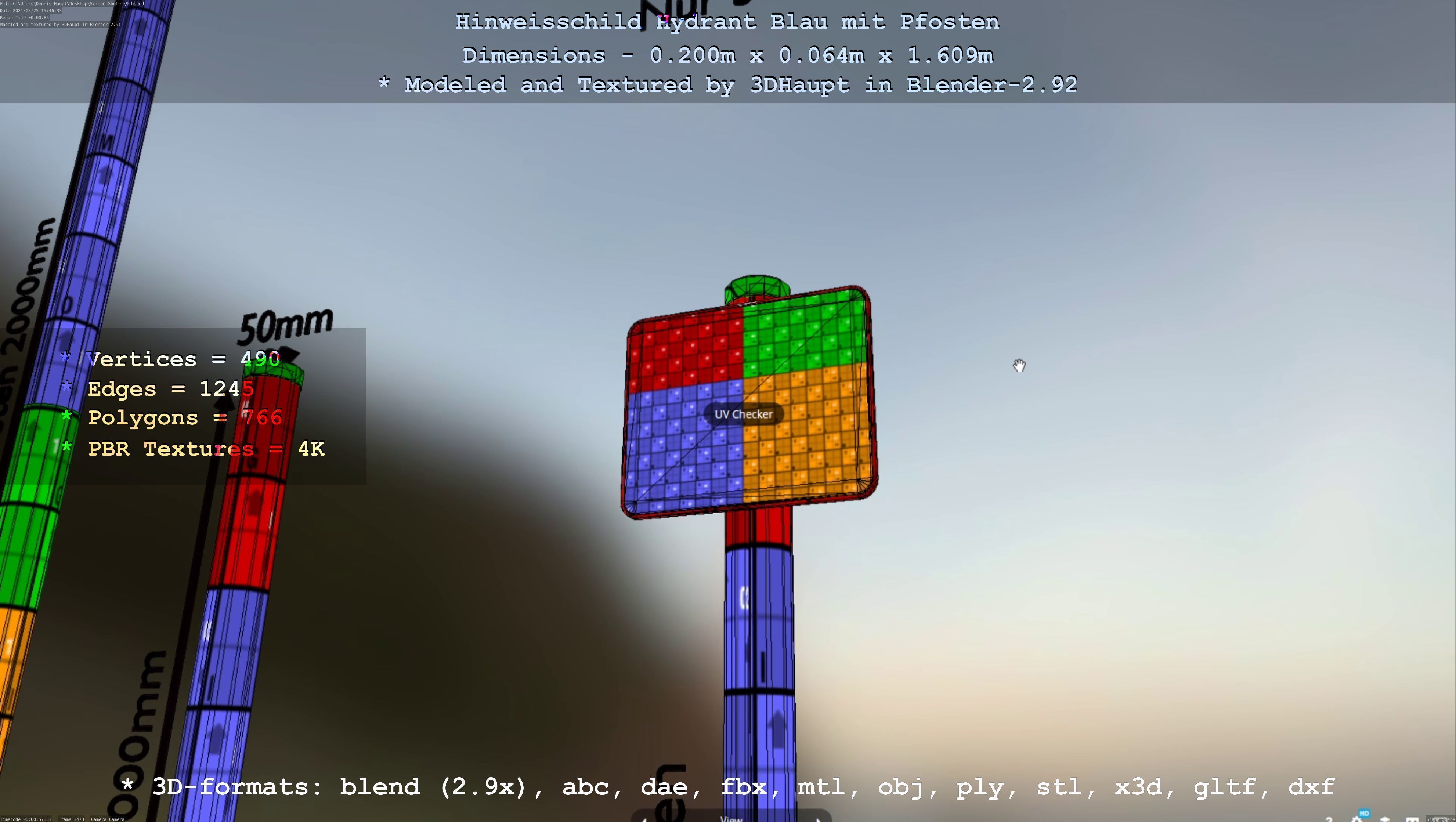 Hinweisschild Hydrant blau mit Pfosten und Rahmen Low-poly 3D model_89