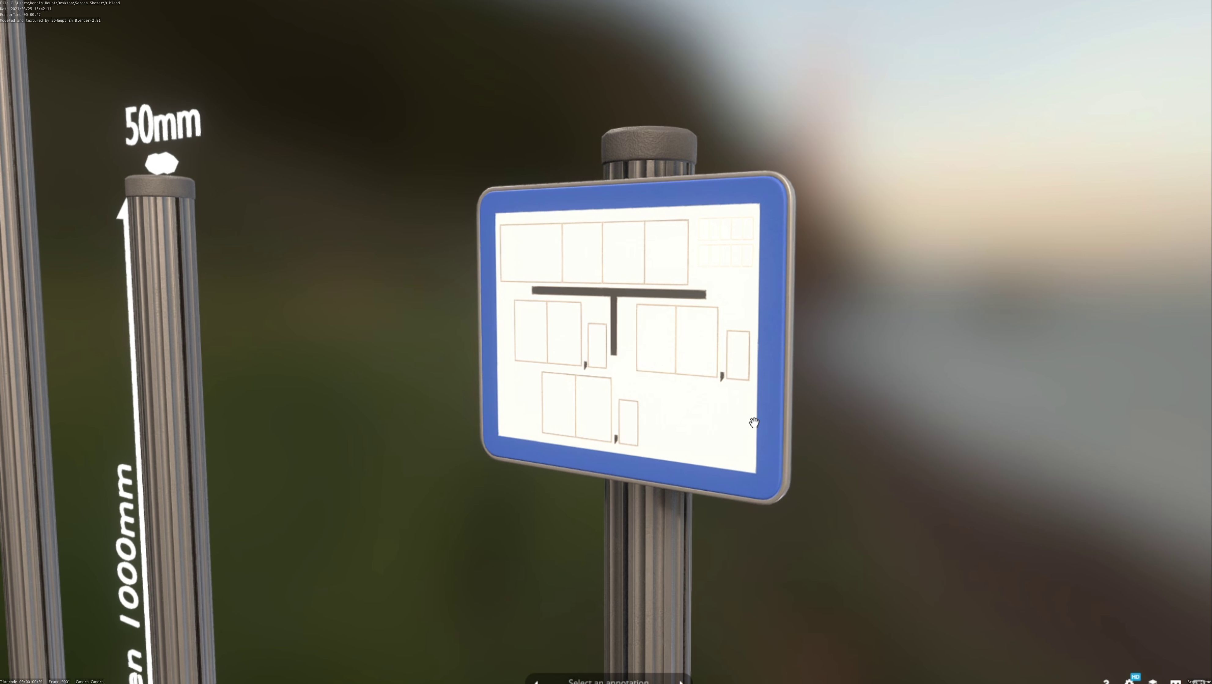 Hinweisschild Hydrant blau mit Pfosten und Rahmen Low-poly 3D model_20