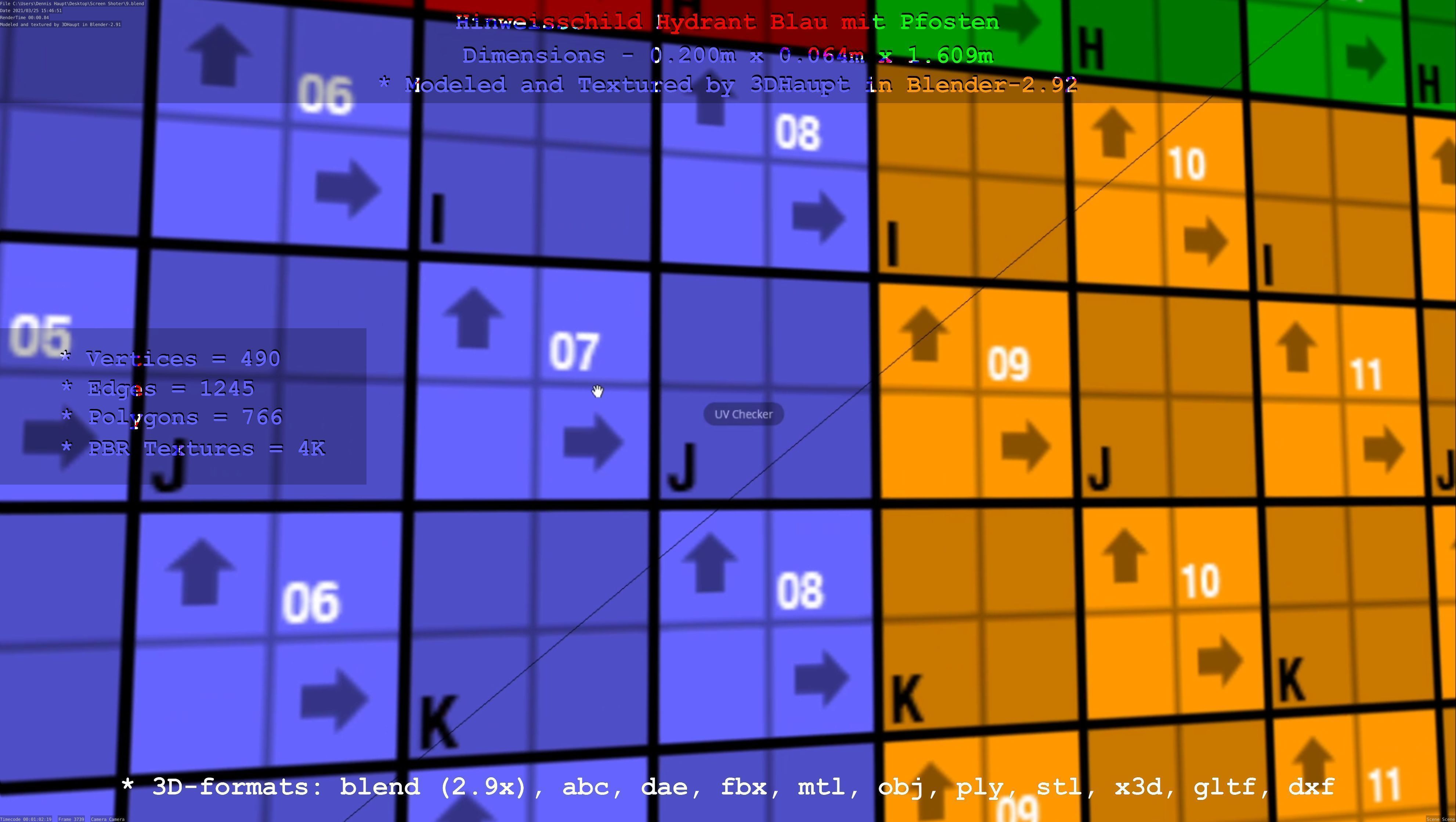 Hinweisschild Hydrant blau mit Pfosten und Rahmen Low-poly 3D model_15