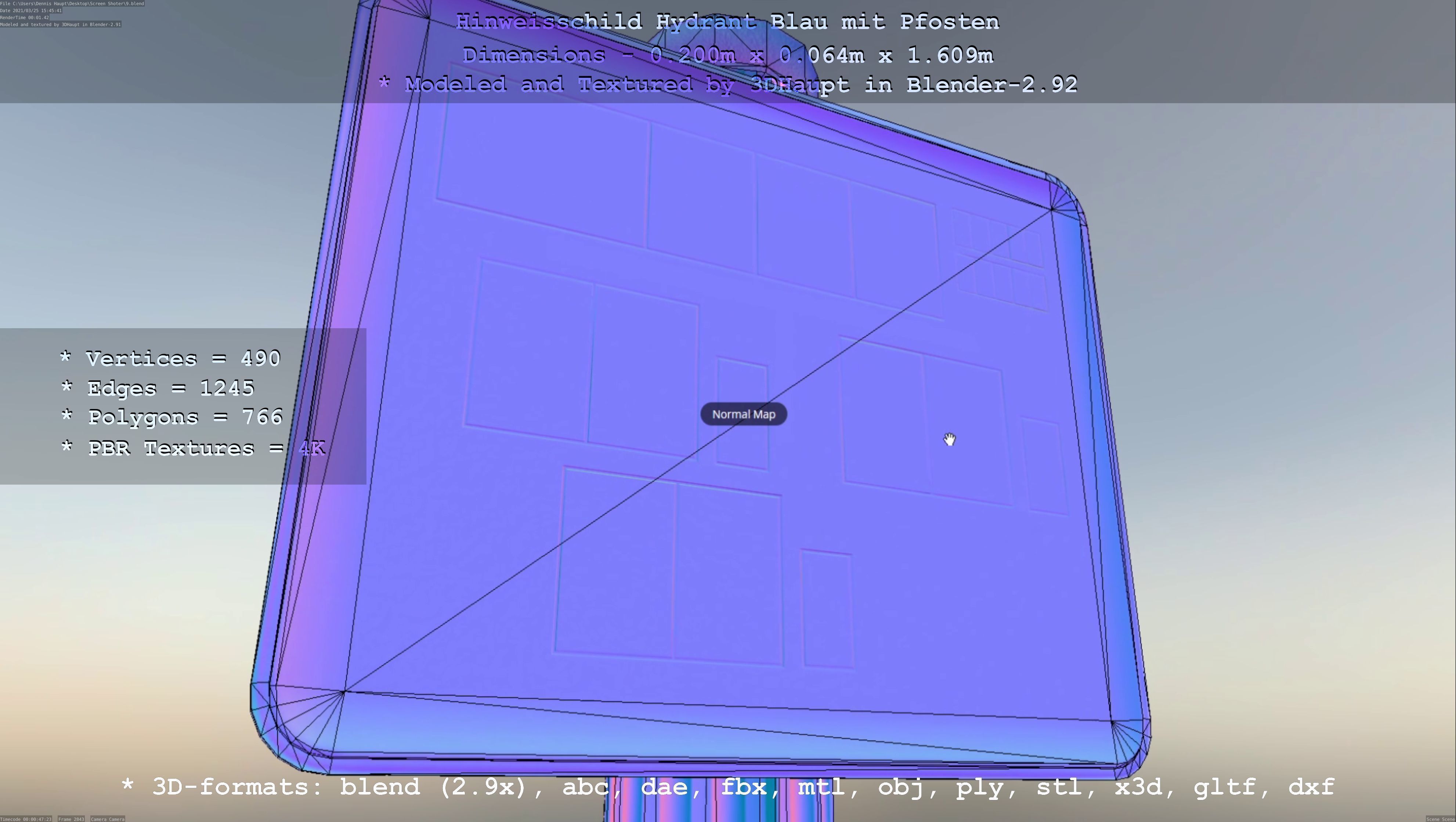 Hinweisschild Hydrant blau mit Pfosten und Rahmen Low-poly 3D model_4
