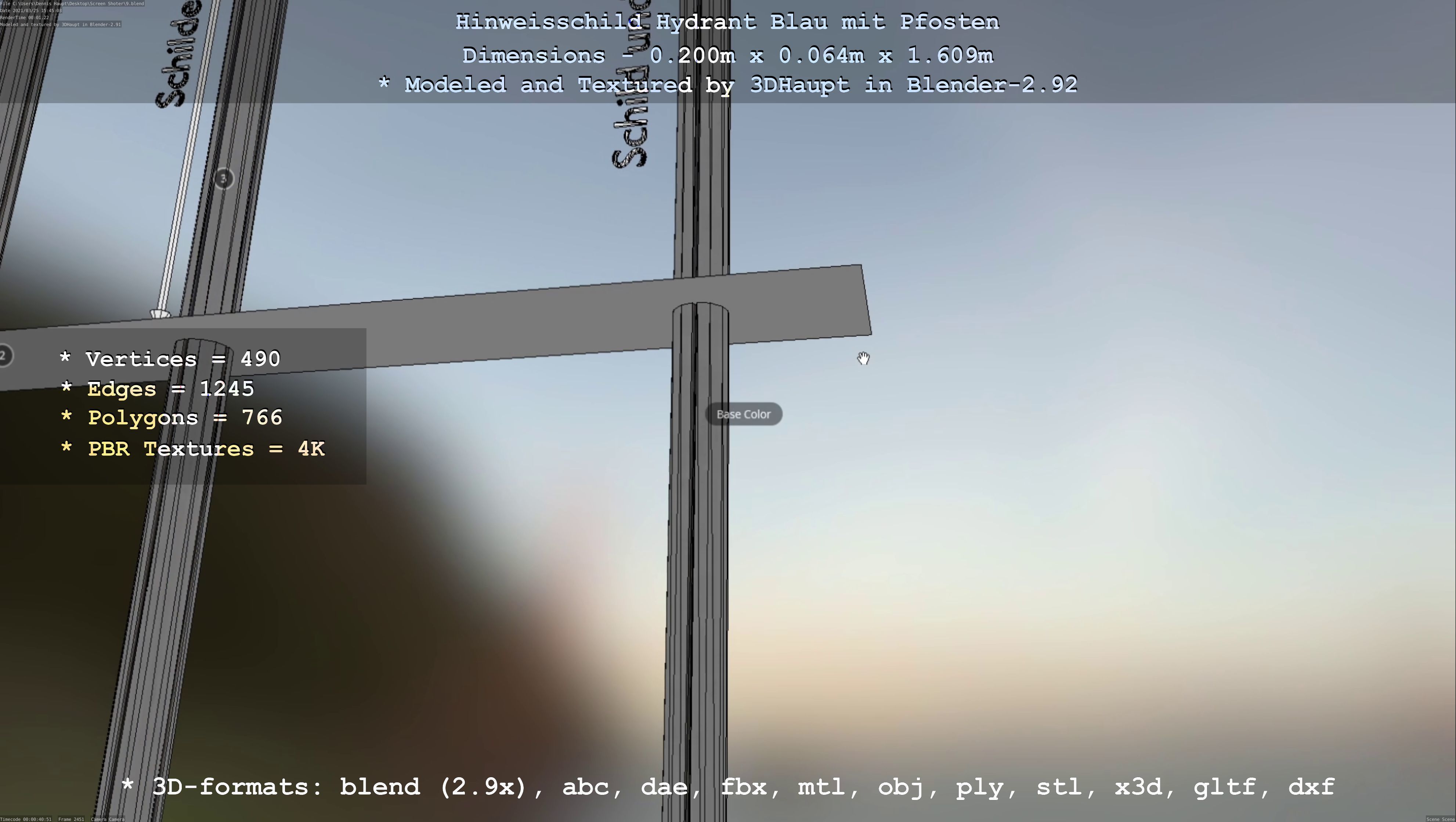 Hinweisschild Hydrant blau mit Pfosten und Rahmen Low-poly 3D model_43