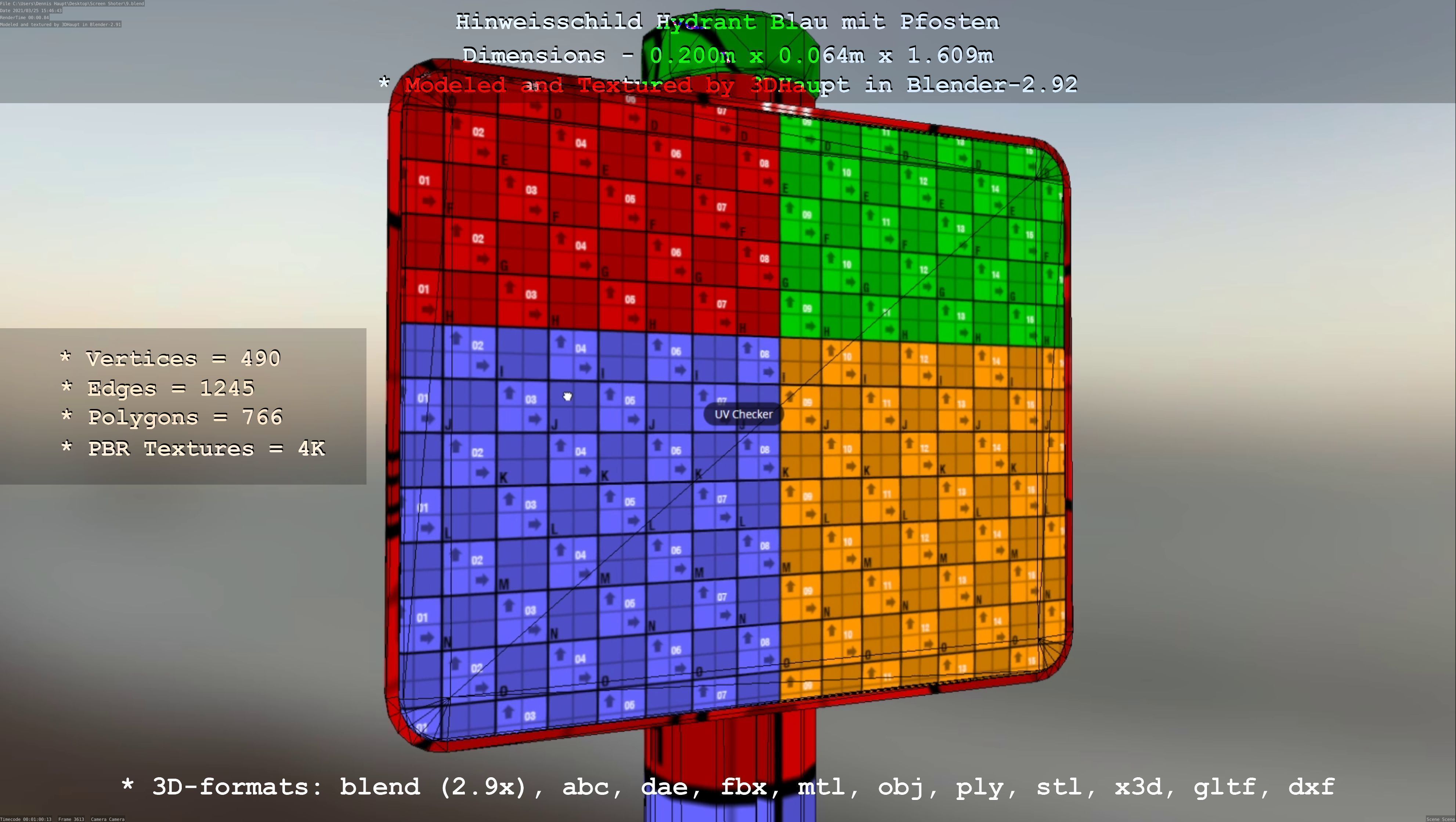 Hinweisschild Hydrant blau mit Pfosten und Rahmen Low-poly 3D model_85