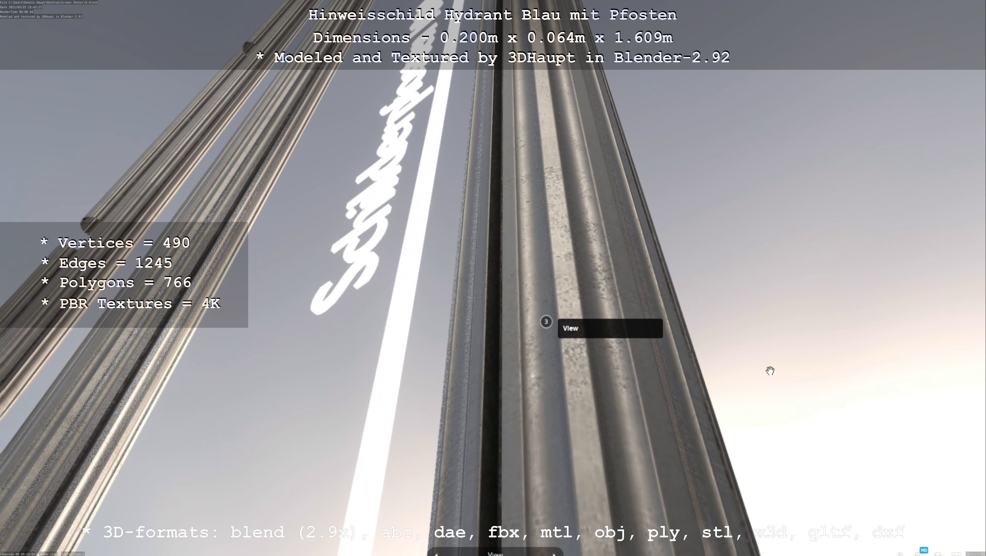 Hinweisschild Hydrant blau mit Pfosten und Rahmen Low-poly 3D model_136