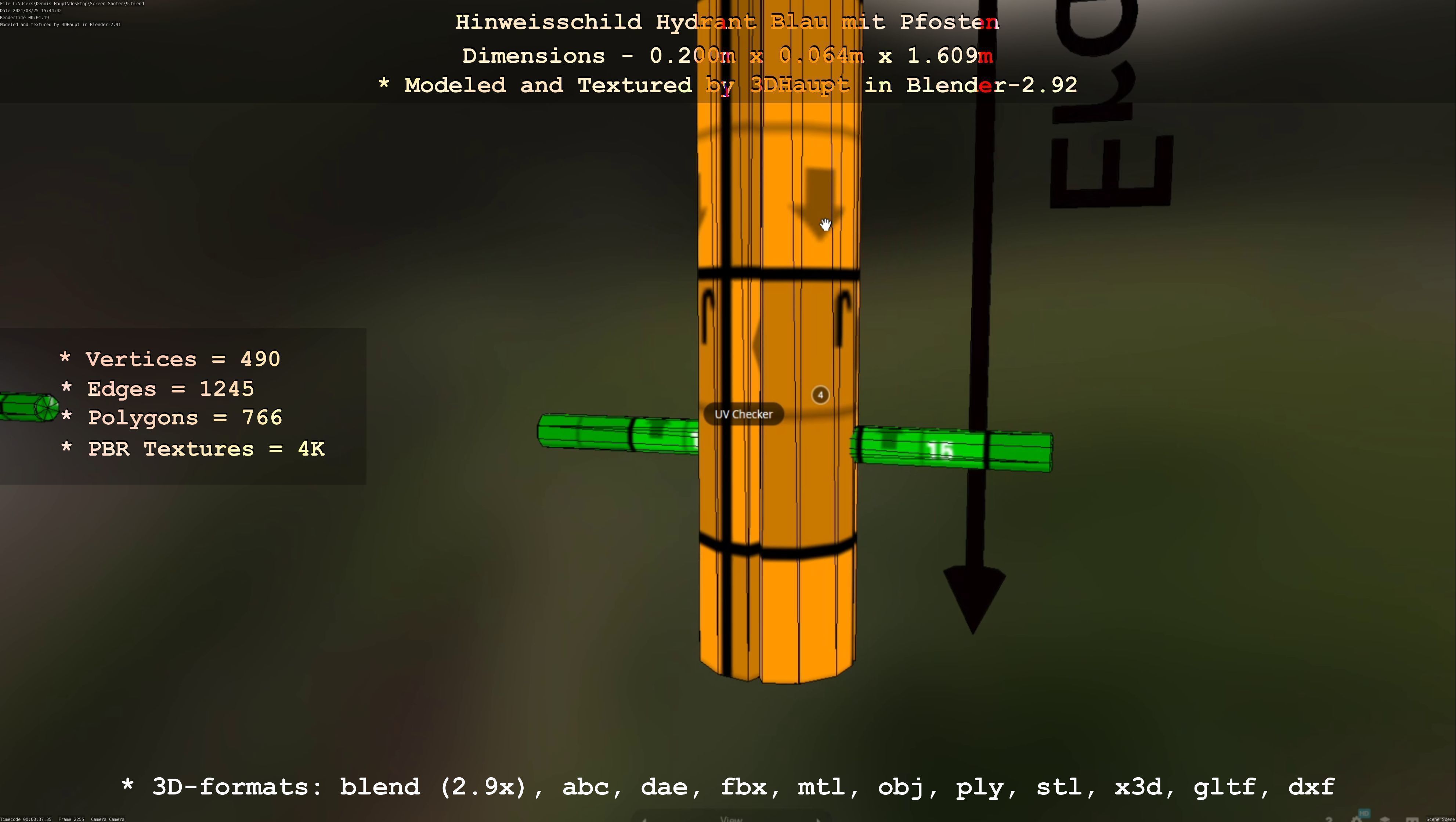 Hinweisschild Hydrant blau mit Pfosten und Rahmen Low-poly 3D model_48