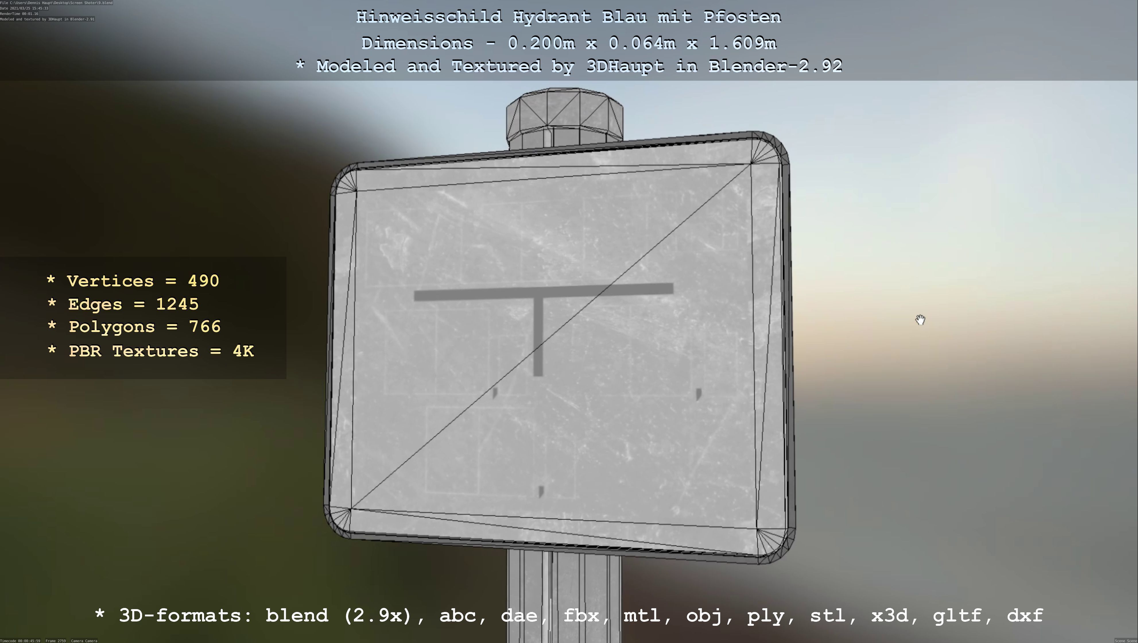 Hinweisschild Hydrant blau mit Pfosten und Rahmen Low-poly 3D model_67