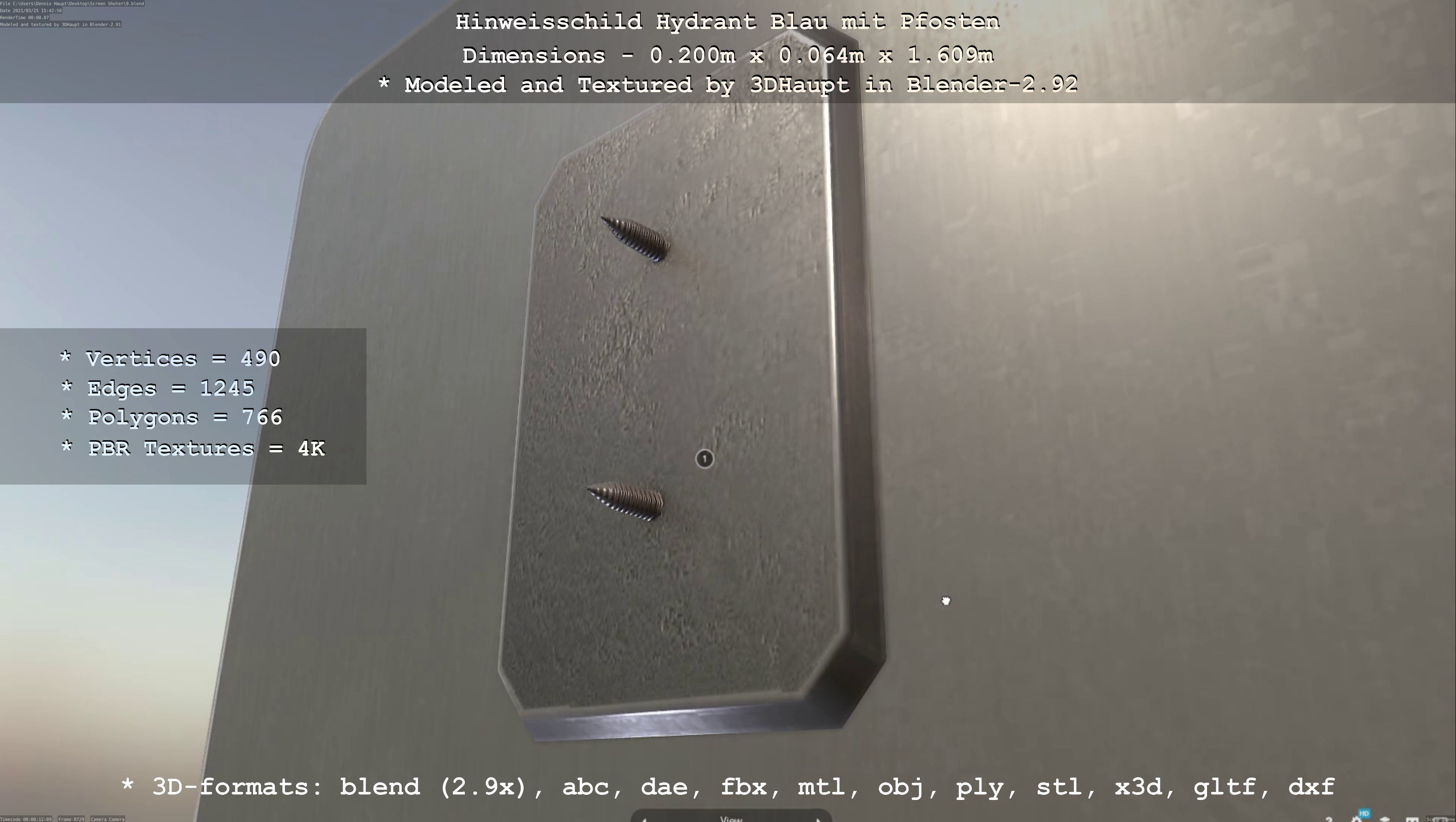 Hinweisschild Hydrant blau mit Pfosten und Rahmen Low-poly 3D model_132