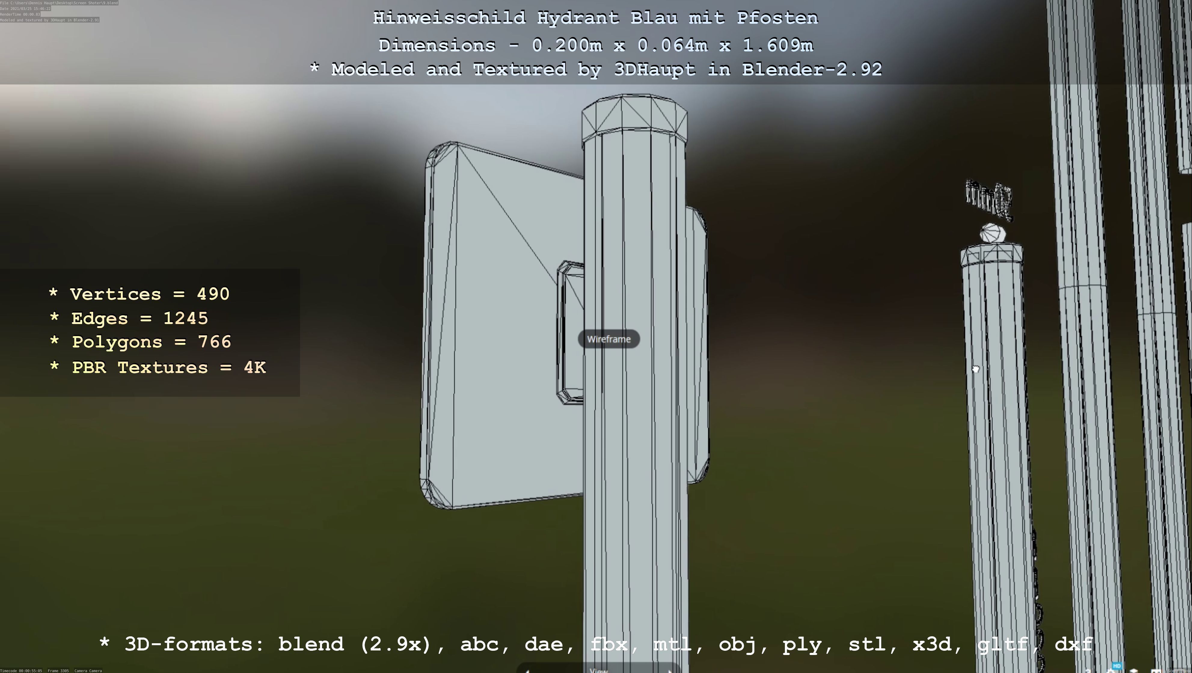 Hinweisschild Hydrant blau mit Pfosten und Rahmen Low-poly 3D model_114