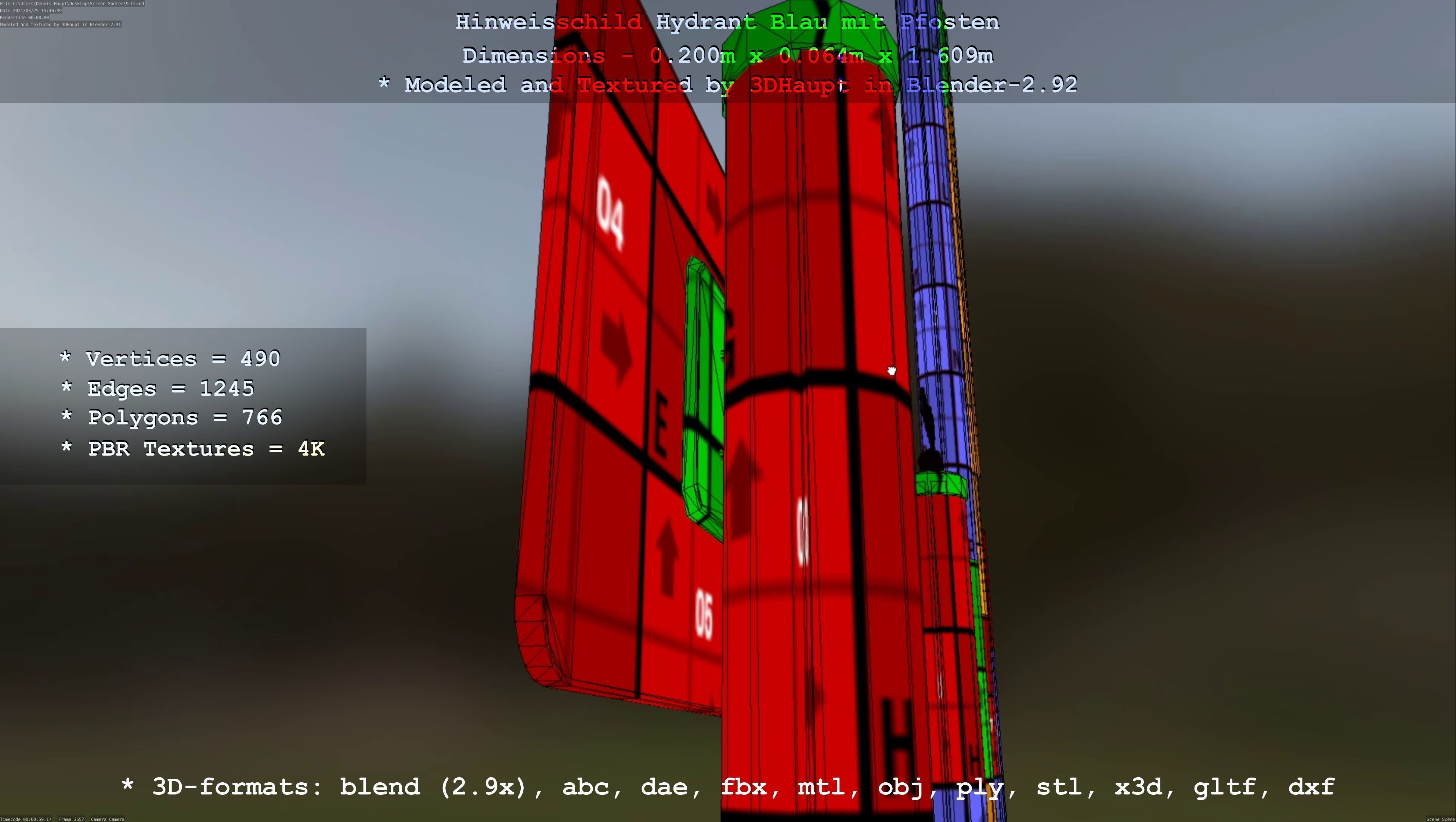 Hinweisschild Hydrant blau mit Pfosten und Rahmen Low-poly 3D model_111