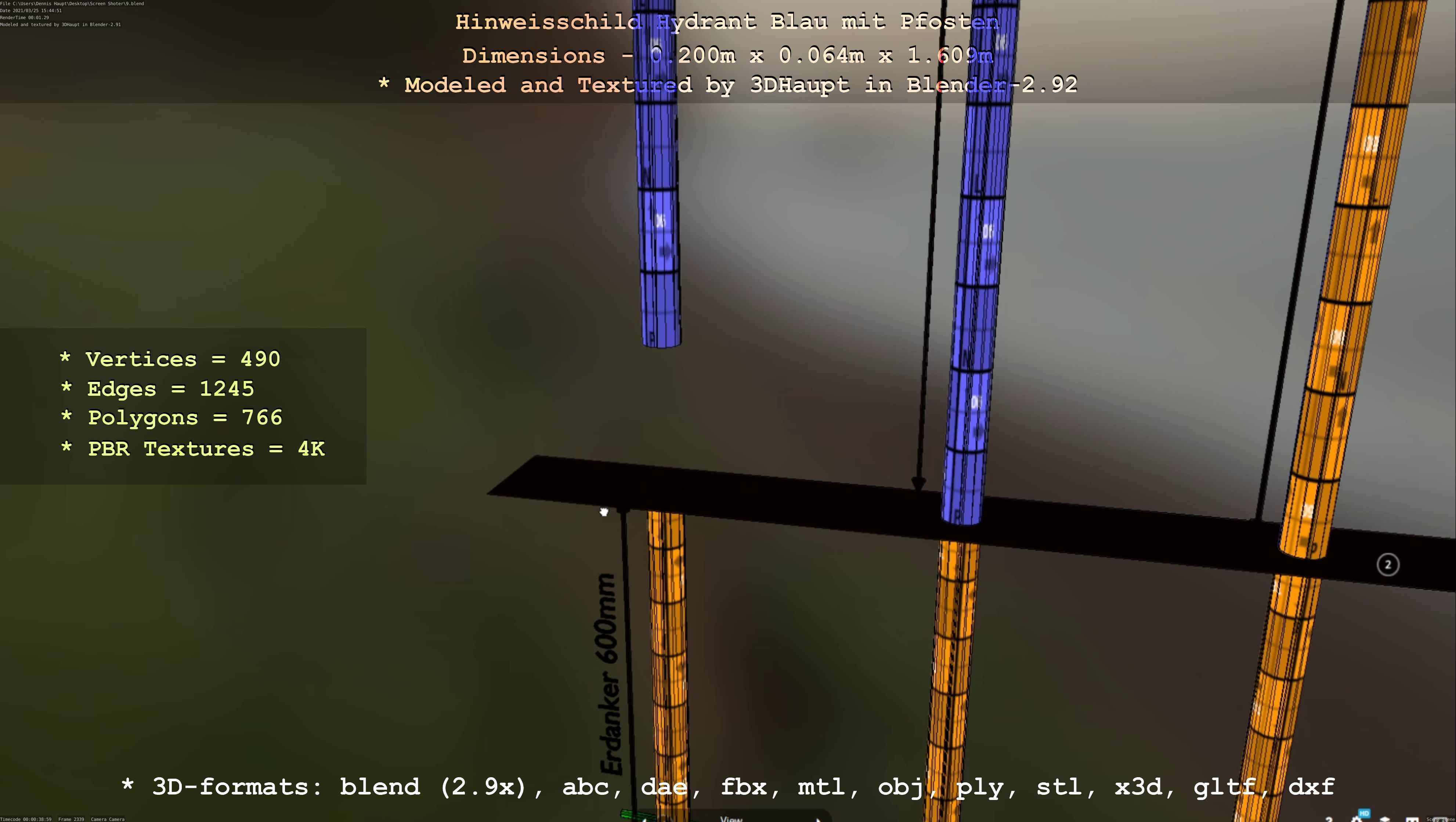 Hinweisschild Hydrant blau mit Pfosten und Rahmen Low-poly 3D model_35