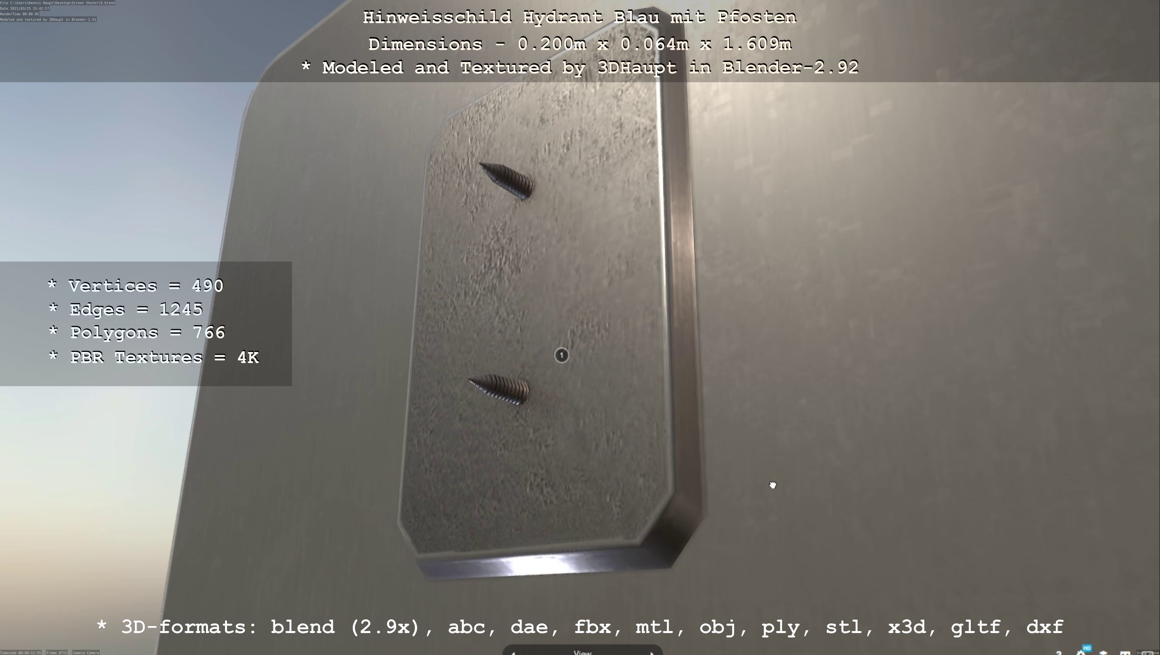 Hinweisschild Hydrant blau mit Pfosten und Rahmen Low-poly 3D model_31