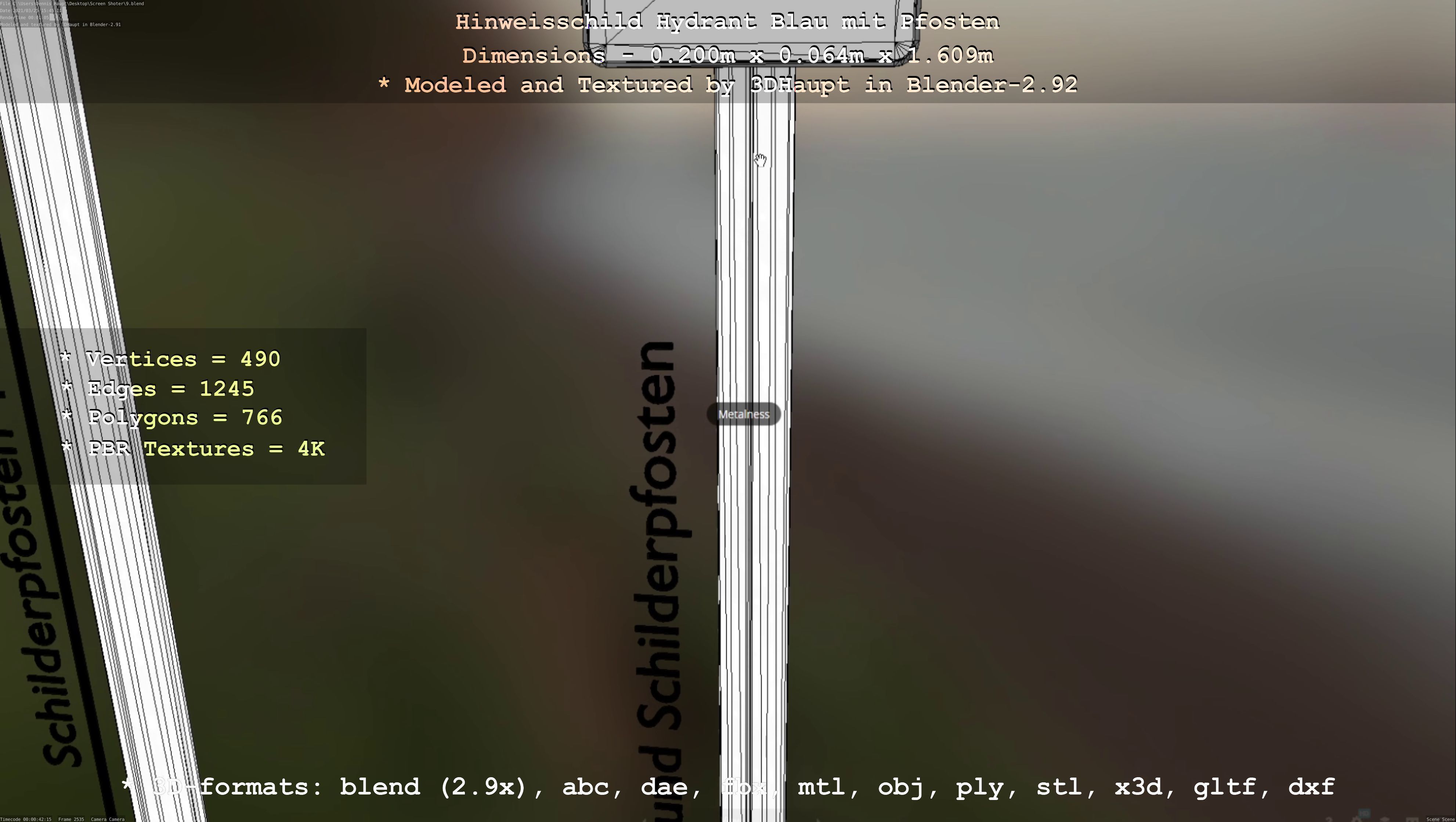 Hinweisschild Hydrant blau mit Pfosten und Rahmen Low-poly 3D model_44