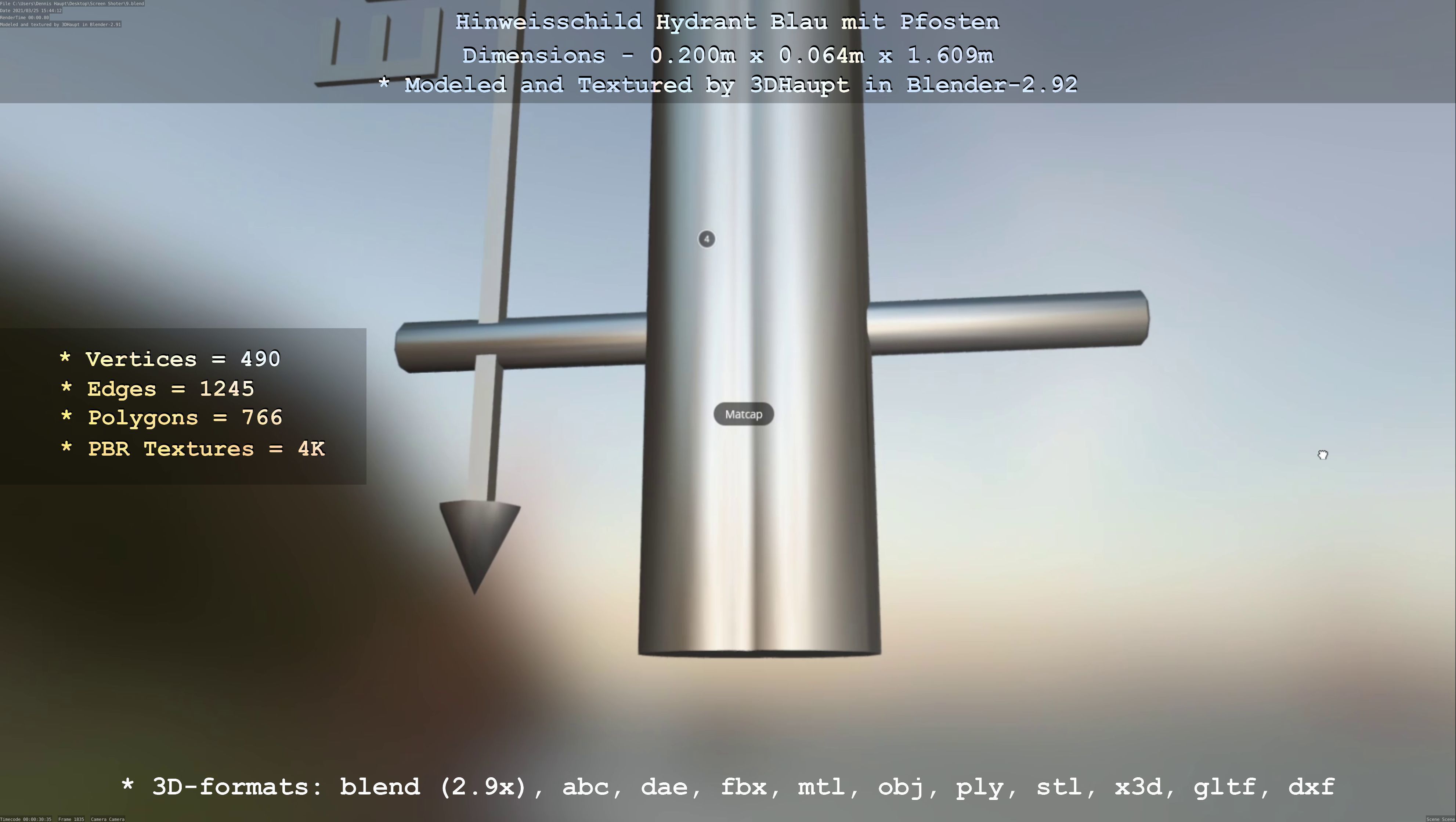 Hinweisschild Hydrant blau mit Pfosten und Rahmen Low-poly 3D model_128