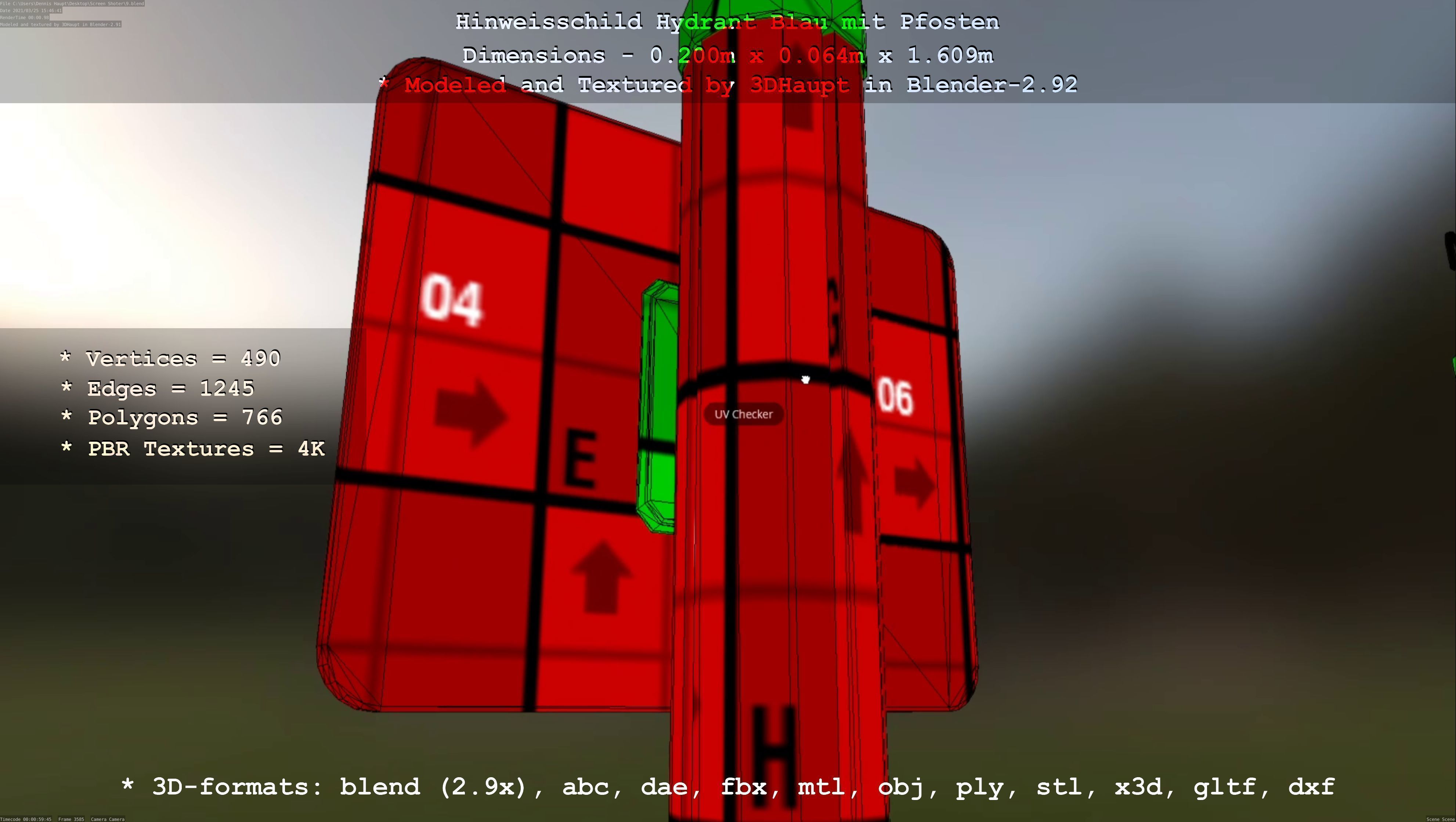 Hinweisschild Hydrant blau mit Pfosten und Rahmen Low-poly 3D model_130