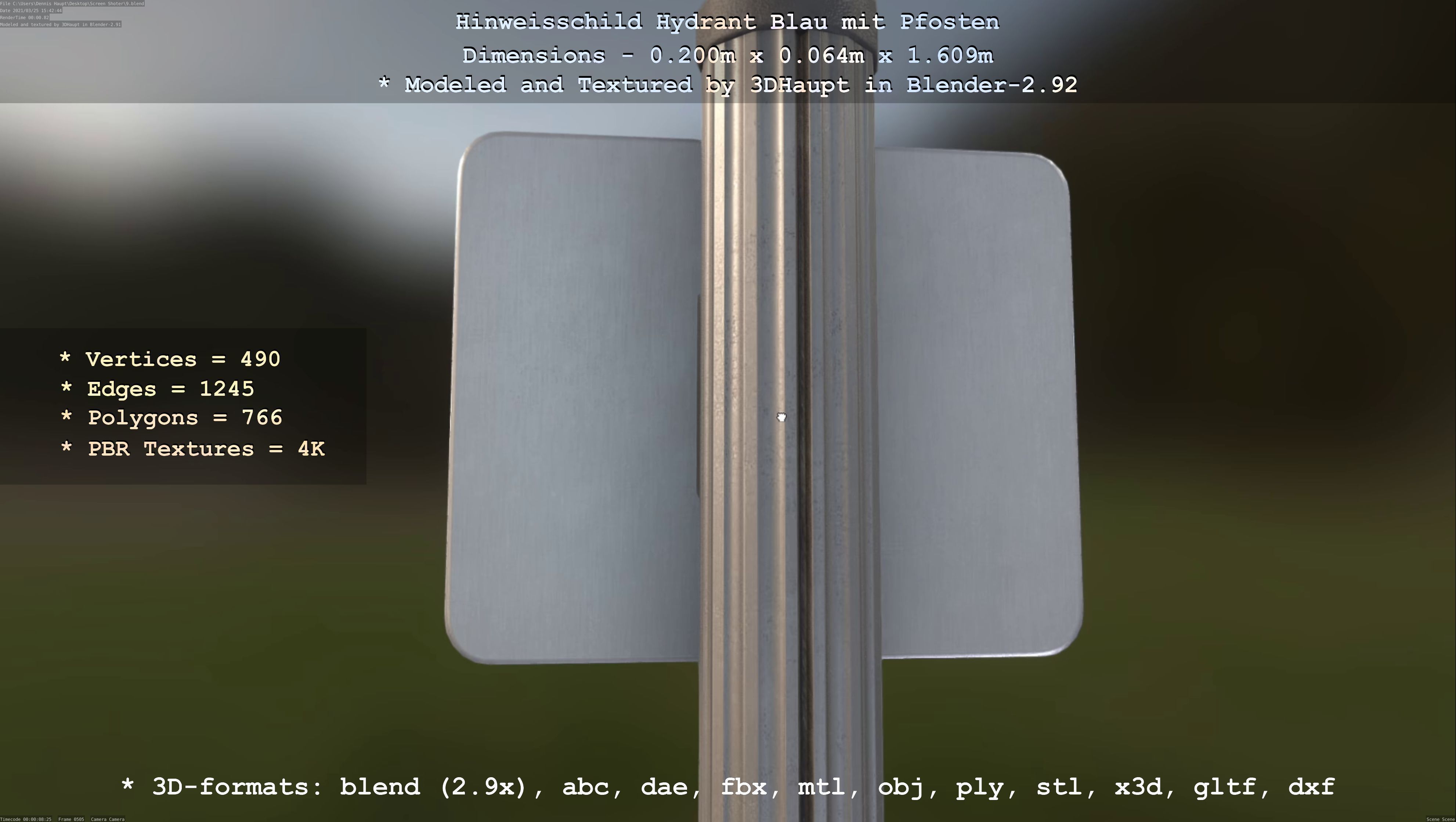 Hinweisschild Hydrant blau mit Pfosten und Rahmen Low-poly 3D model_118