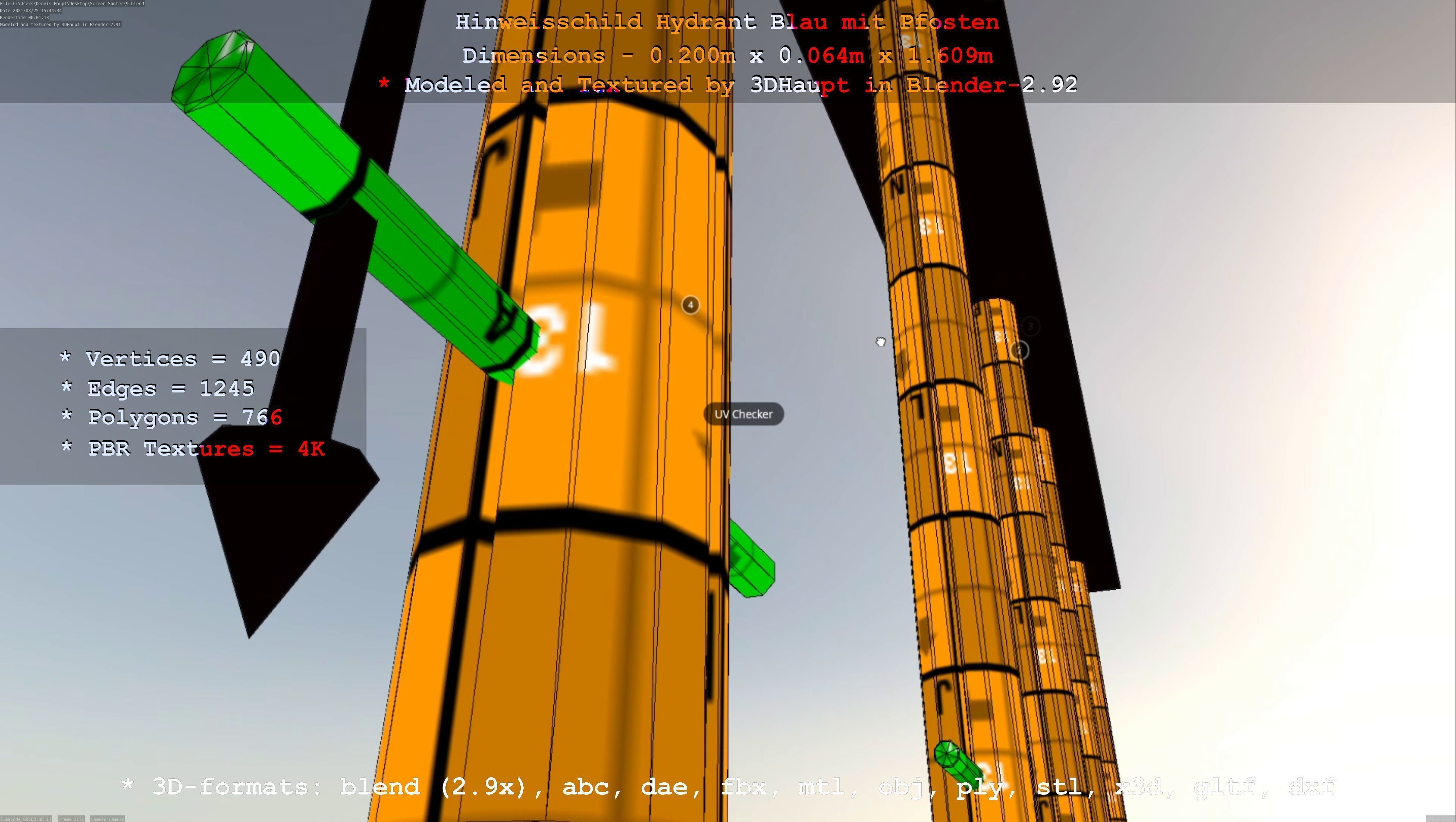 Hinweisschild Hydrant blau mit Pfosten und Rahmen Low-poly 3D model_57