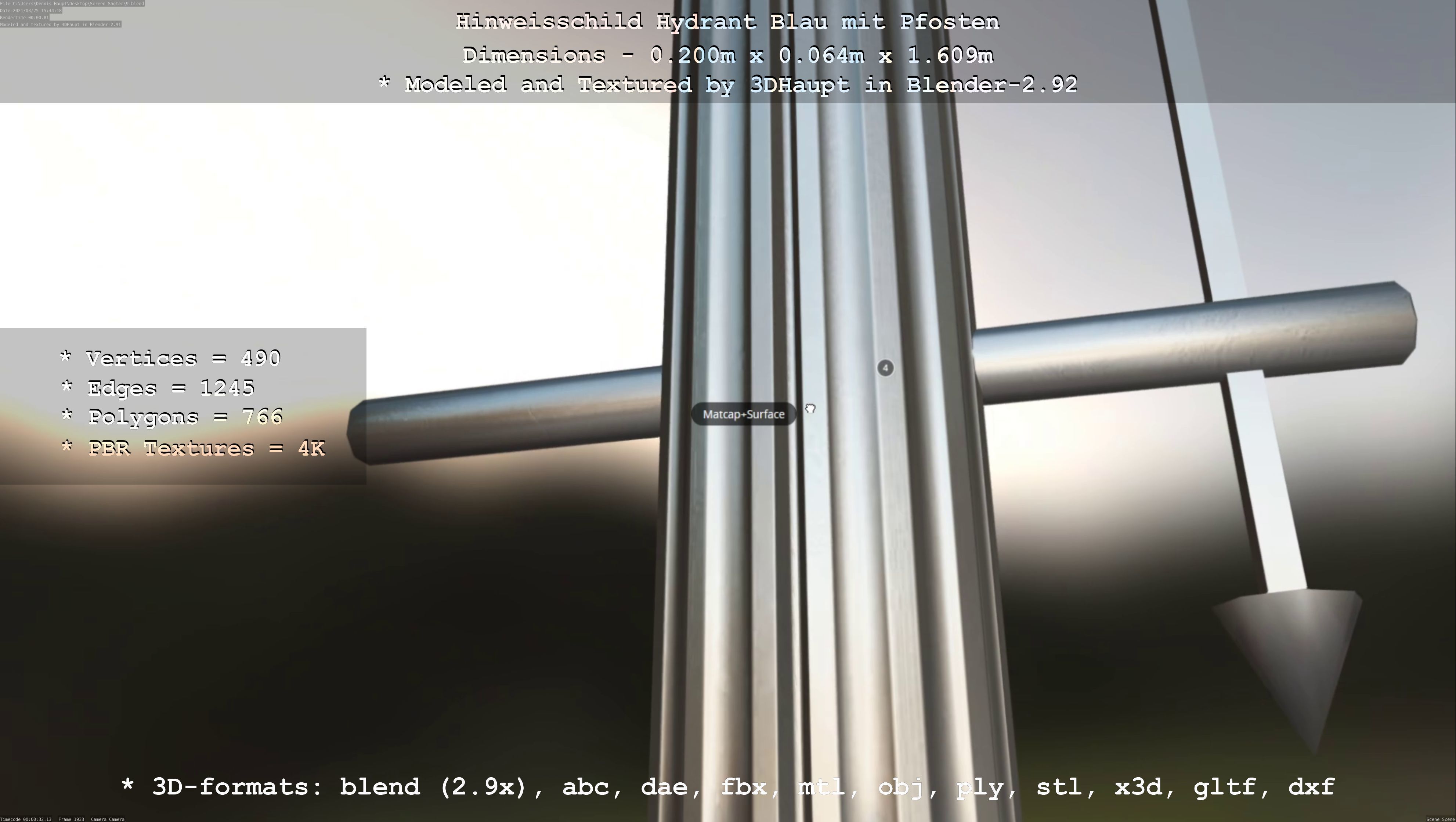 Hinweisschild Hydrant blau mit Pfosten und Rahmen Low-poly 3D model_141