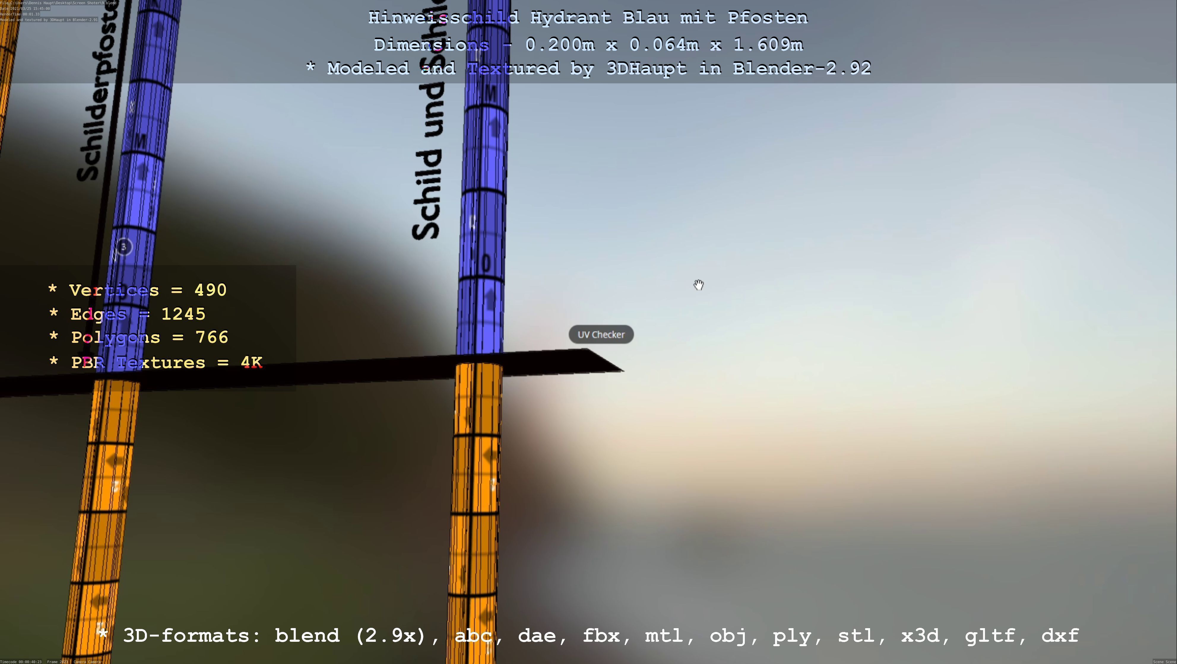 Hinweisschild Hydrant blau mit Pfosten und Rahmen Low-poly 3D model_53